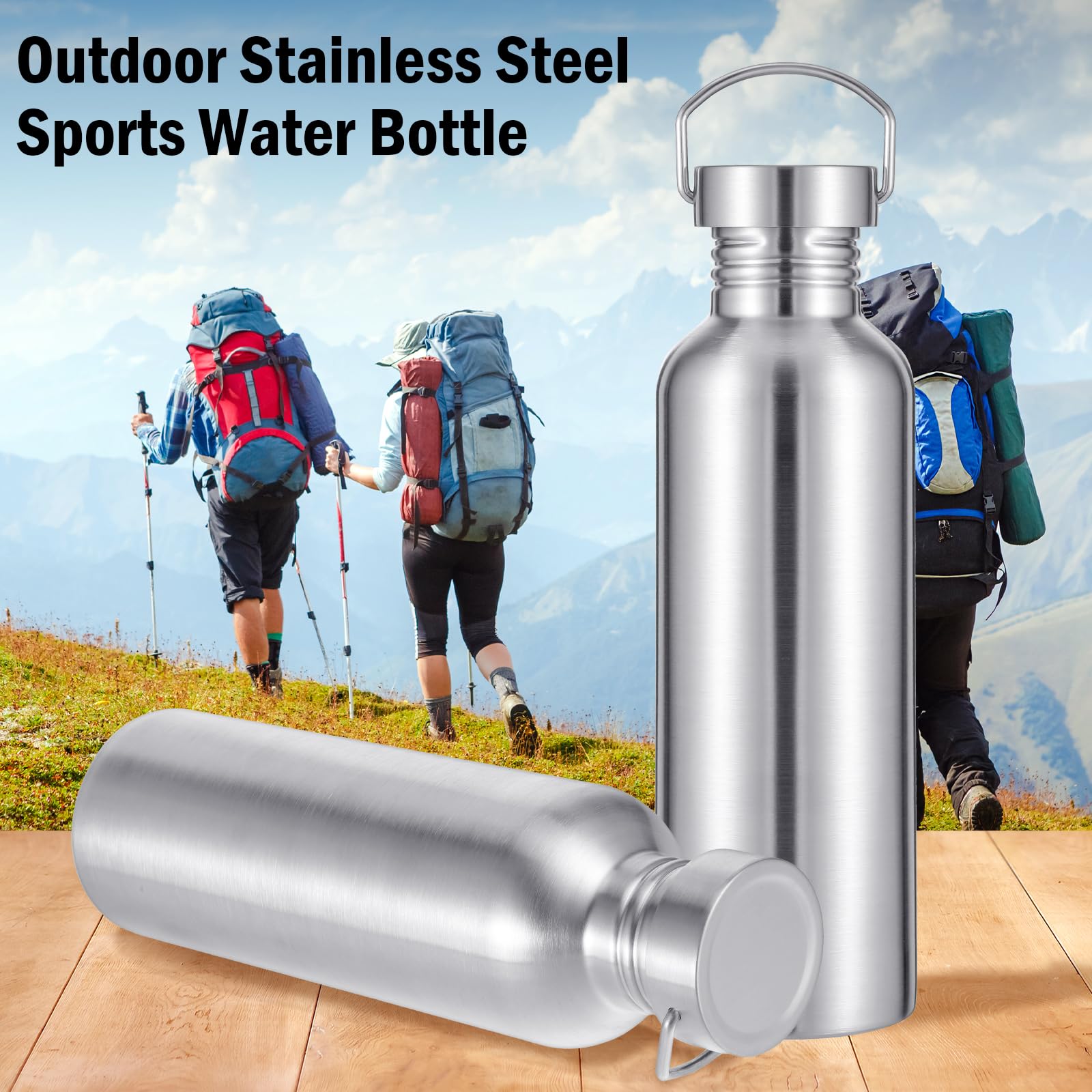 Lemecima 4 Stück unisolierte einwandige Edelstahl-Sportwasserflasche, 304 18/8 Edelstahl, Camping-Wasserflasche für Radfahrer, Läufer, Wanderer, 1000 ml