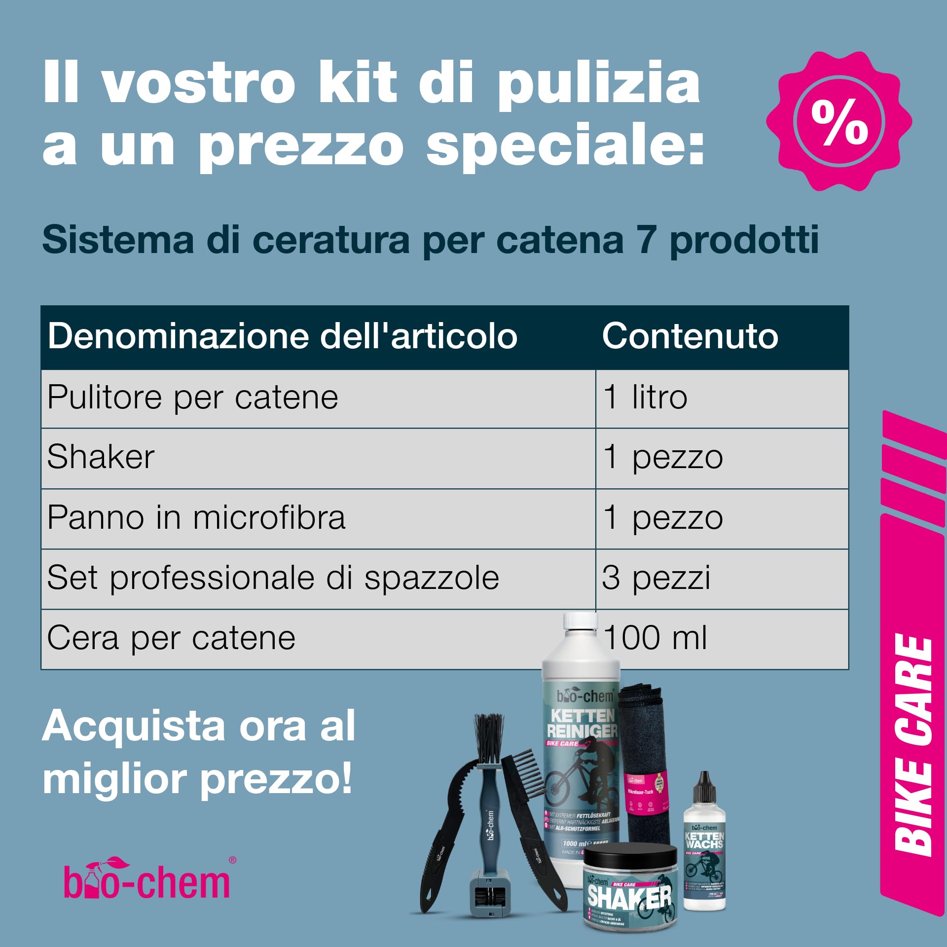 bio-chem Sistema di lubrificazione a cera per catene: 7 prodotti per bici | Sgrassante per MTB 1L - Cera liquida per catene di bici 100ml - Accessori per bicicletta shaker + panno + 3 spazzole