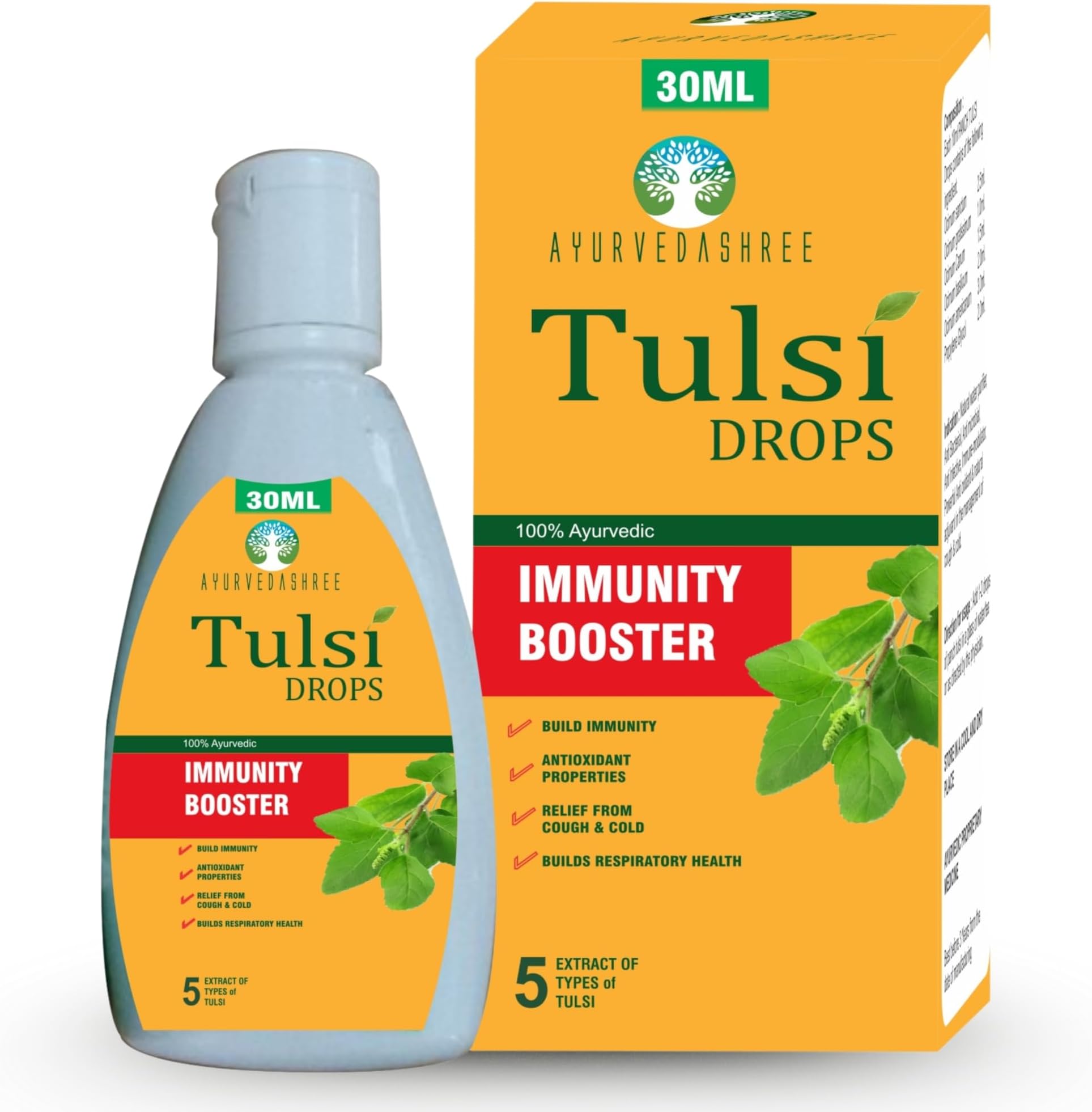 AYURVEDASHREE Tulsi Drops Natural Immunity Booster 30 ML Pack - Certified 5 Different Rare Tulsi, Holy Basil Drops 30 ML