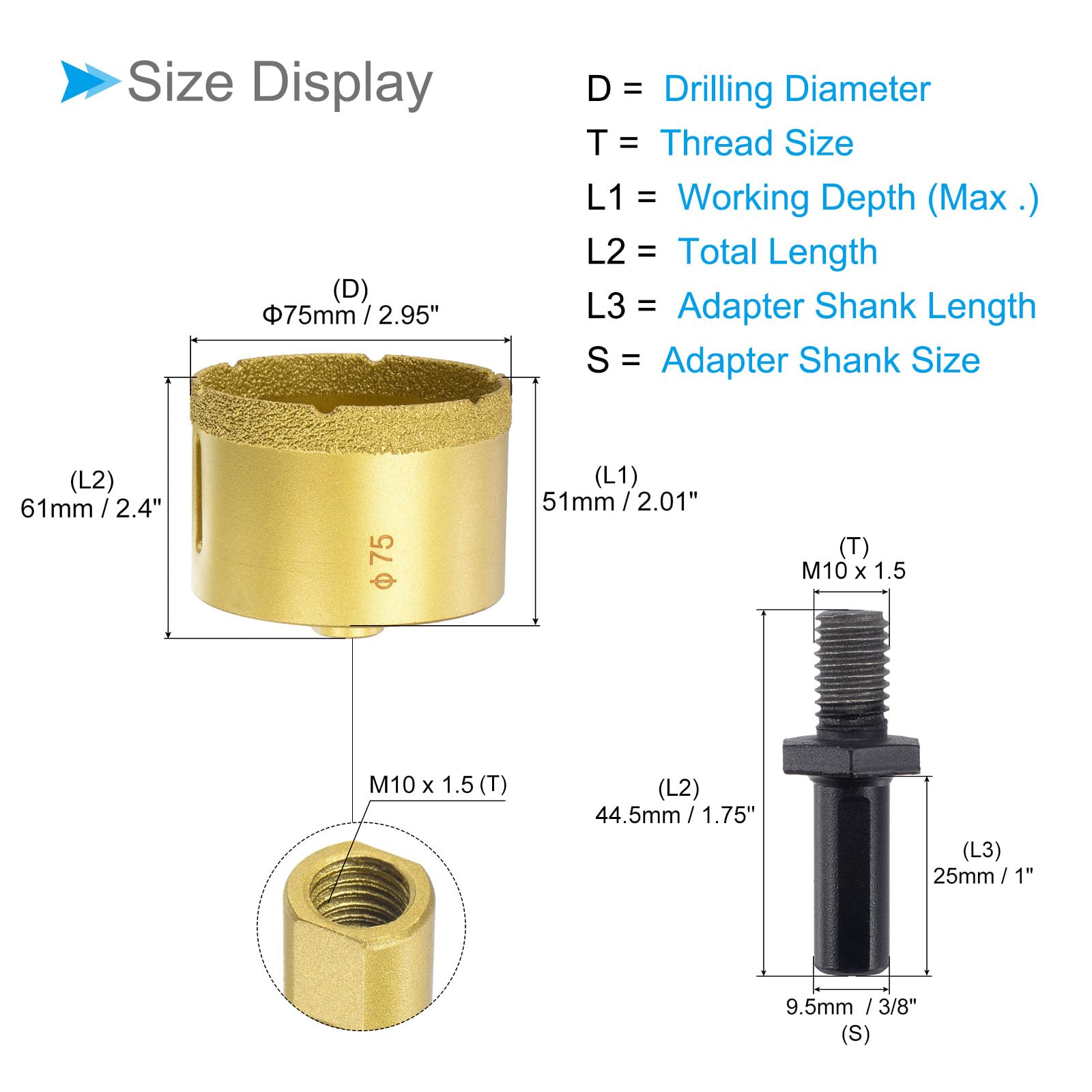CoCud Diamond Drill Bits Set, 75mm Cutting Diameter, Brazed Diamond Core Drill Bits with M10 Arbor Adapter - Image 2