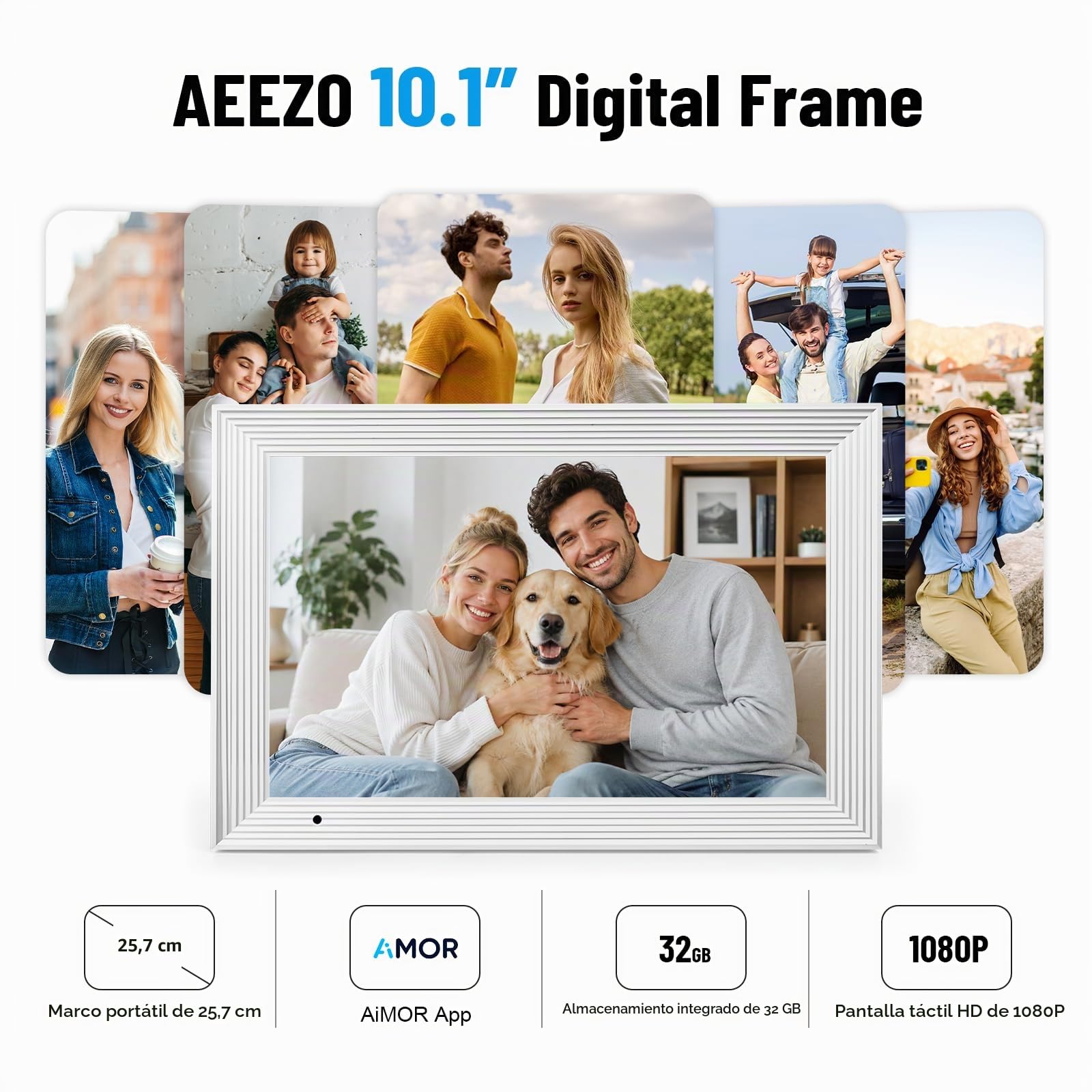 AEEZO Marco Digital de 32 GB, Marco Fotos de Digital con WiFi de 10,1″, Marco Digital con Rotación Automática, Fácil y Rápido Intercambio Remoto de Fotos y Vídeos a Través de AiMOR (Blanco a Rayas)