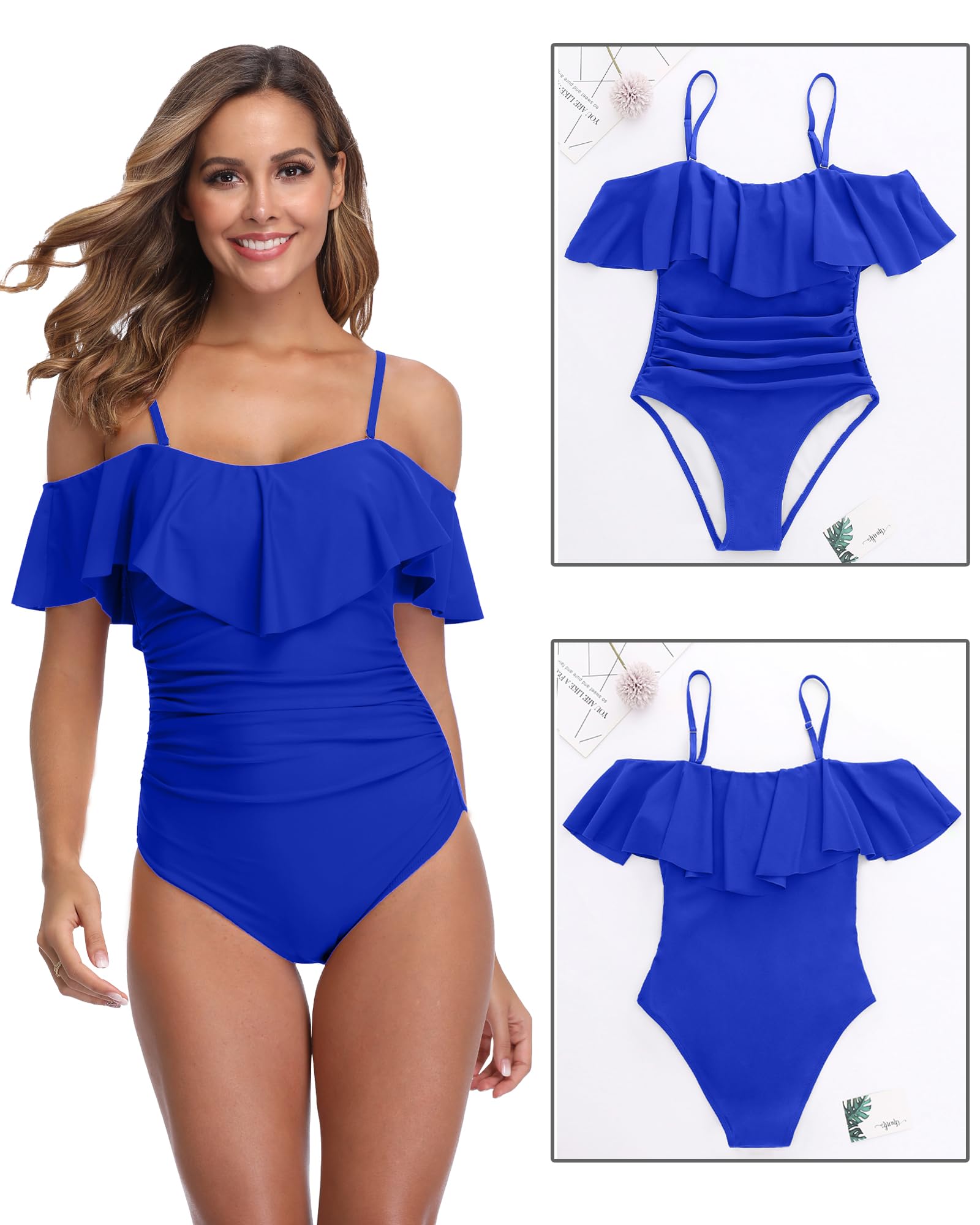 ZINPRETTY Einteiliger Damen-Badeanzug, Retro-Stil, Bauchweg-Effekt, schulterfrei, Volant, gerüscht, Monokini, volle Abdeckung