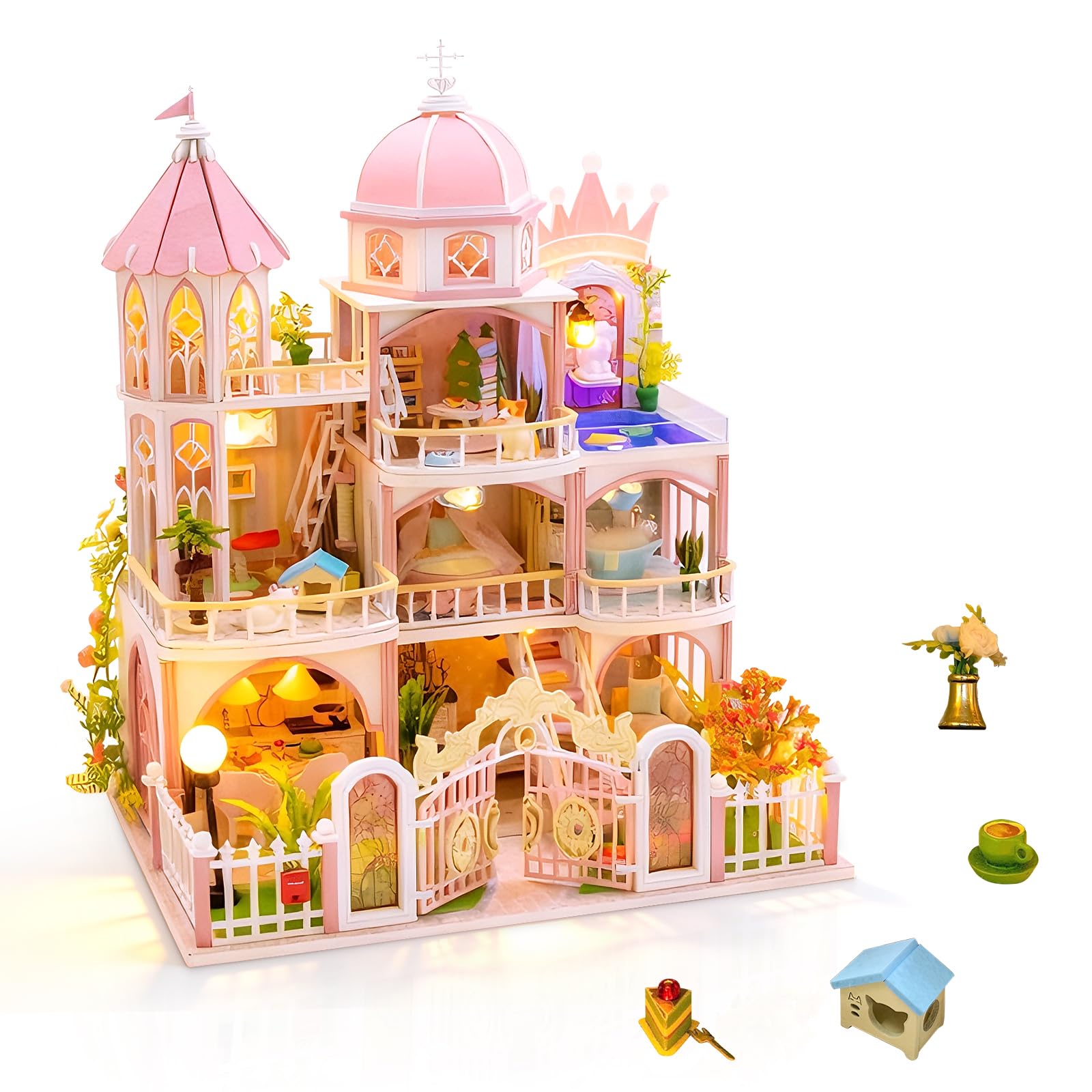Cuteefun DIY Miniature Dollhouse Kit, Wooden Dollhouse Kit with LED Light, Handmade Crafts for Adults Teen to Build, Make Your Own Dream House Model (Princess Castle)