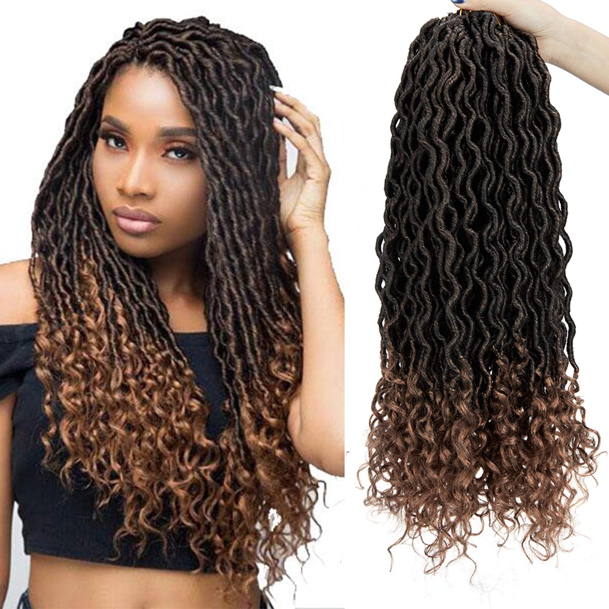 ZAIQUN 20 inch Wavy Faux Goddess Locs Crochet Hair Extensions, Synthetic Xpressions Braiding hair 8Pcs/Lot, Deep wave fiber Hair with Curly Ends(#T/30)