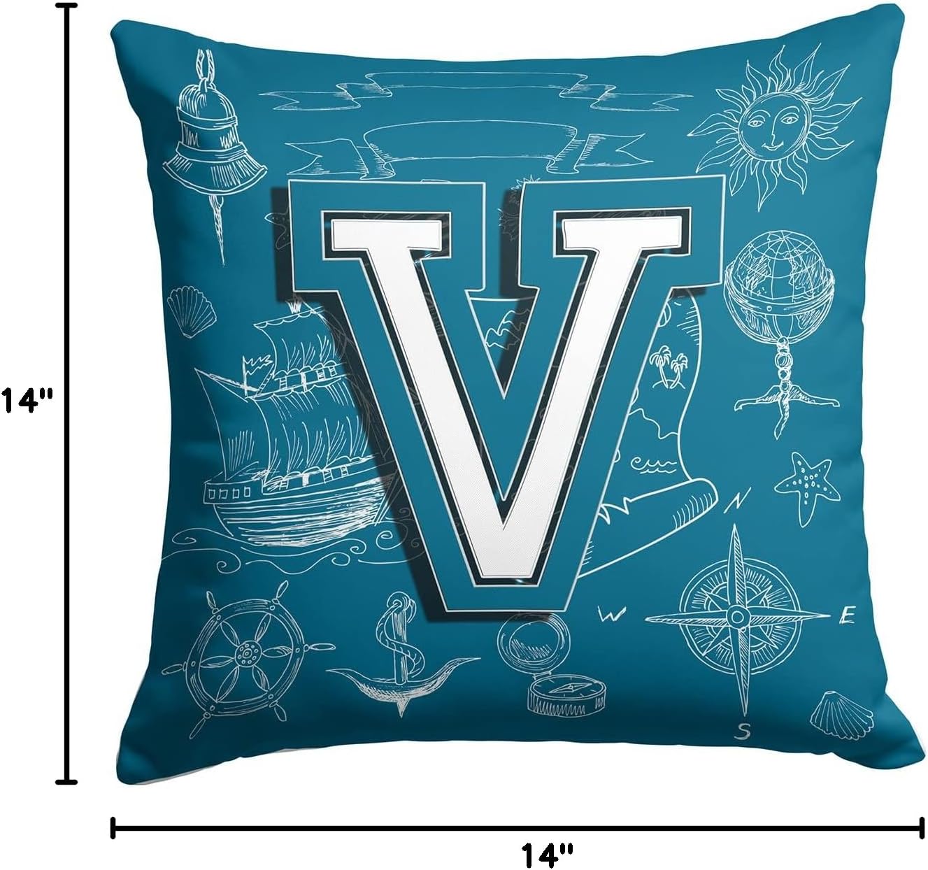 Caroline's Treasures CJ2014-VPW1414 Letter V Sea Doodles Initial Alphabet Fabric Decorative Pillow 100% Machine Washable Pillow, Indoor or Outdoor Decorative Throw Pillow for Couch, Bed or Patio