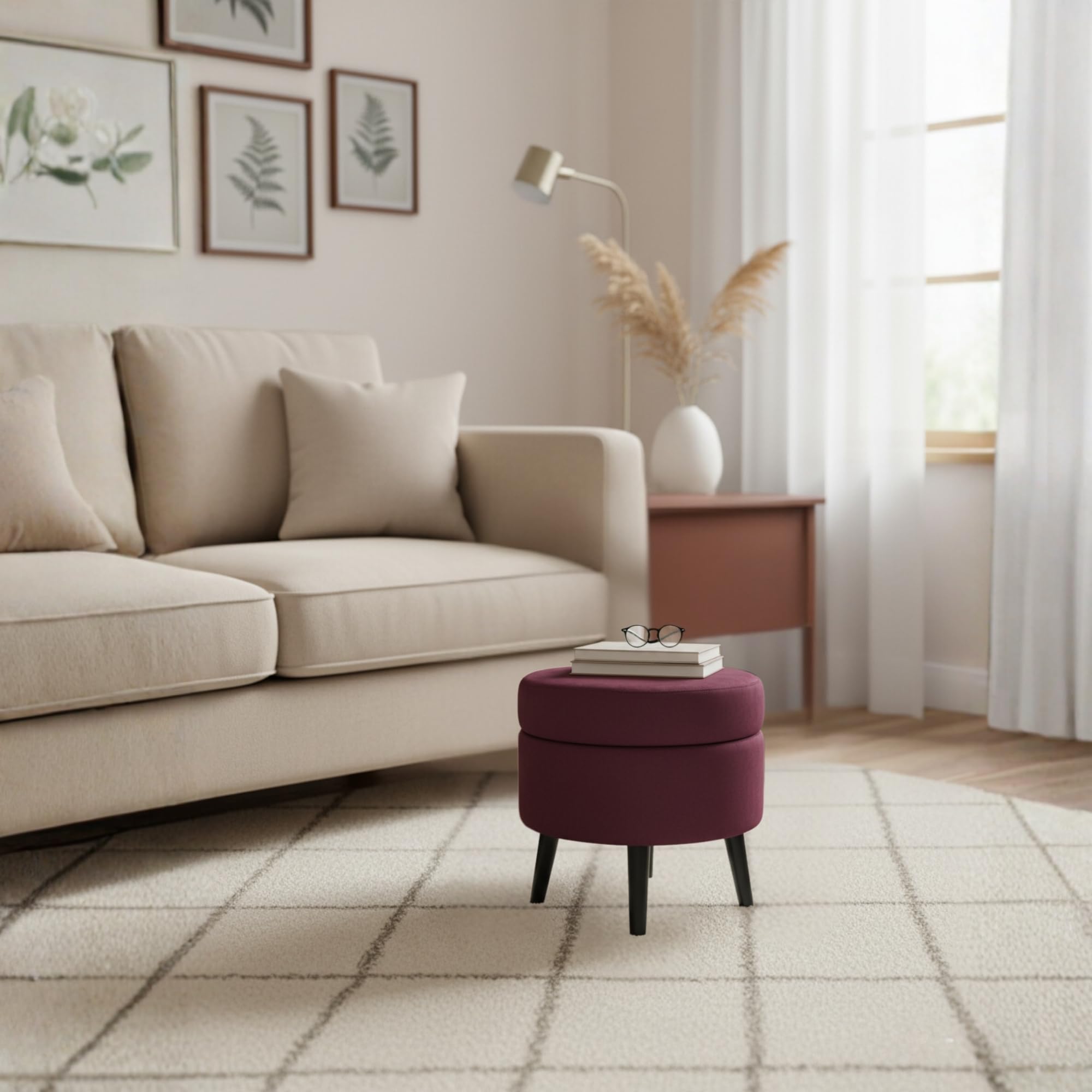 Pouf Contenitore in Velluto Color Bordeaux, Puffo Contenitore Rotondo, Pouf con Piedini in Legno, Pouffe Salotto 38x39 cm