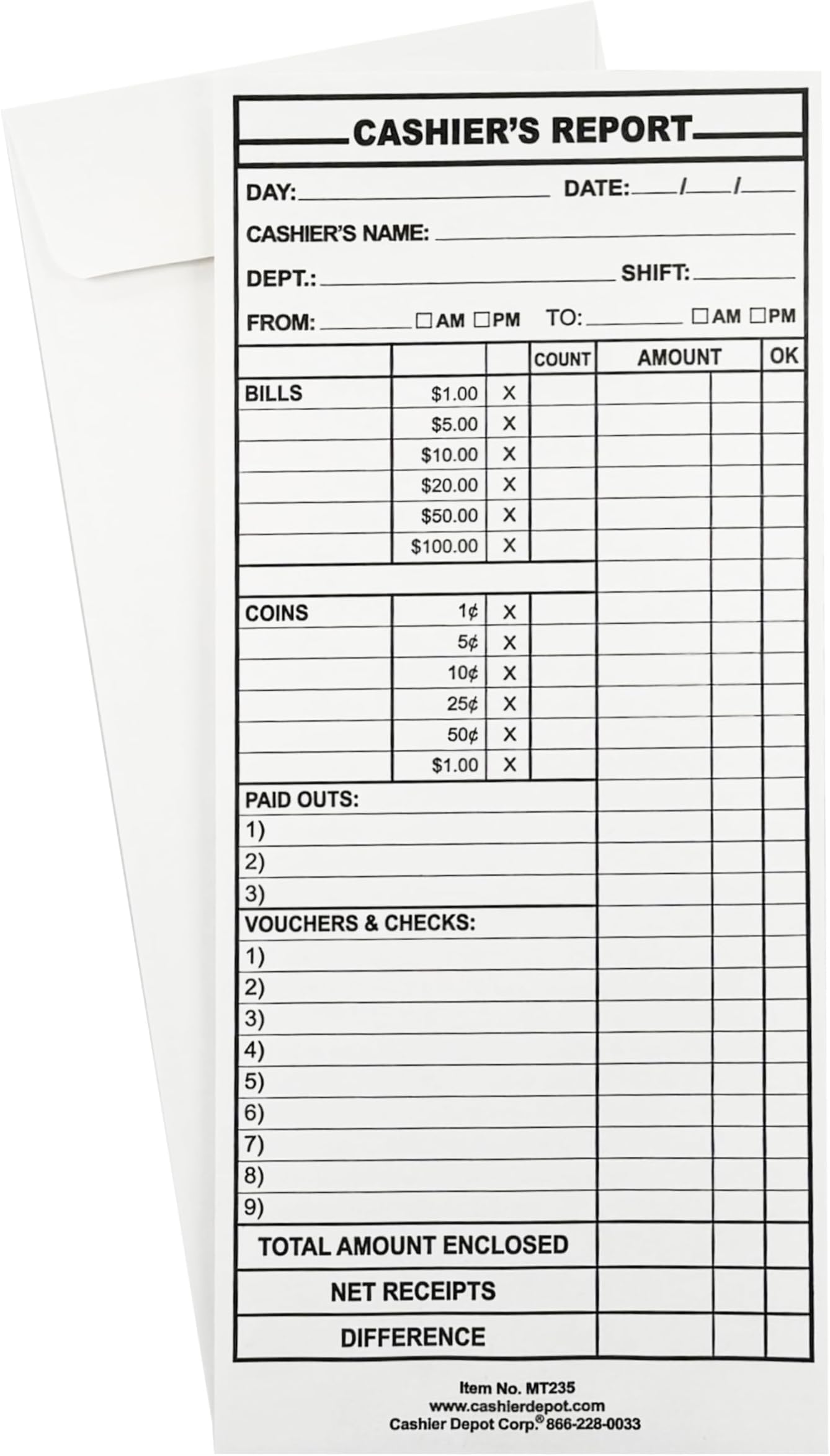 2500 Cashier Depot MT235 Cashier's Report Envelope, 4 1/2