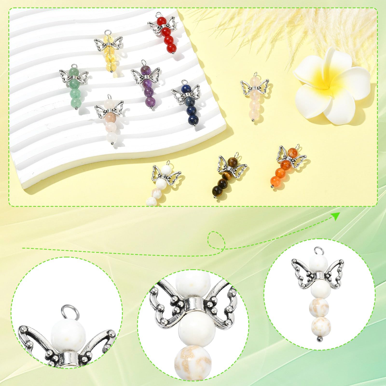 UR URLIFEHALL 40 Pcs 10 Styles Guardian Angel Charms Gemstone Beads with Angel Wing Dangle Charms for Jewellery Making DIY Keychains Crafts - Image 3