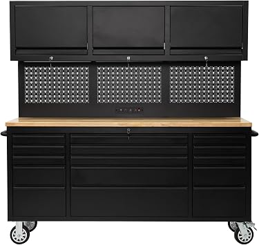 72" Tool Chest Workbench, Metal Garage Tool Chest Workbench with 15 Drawers, Wood Work Surface, Lockable Cabinets, Power Strip & 4 Wheels, Ideal for Garage Workshop, Home DIY & Mechanic Repair, Black