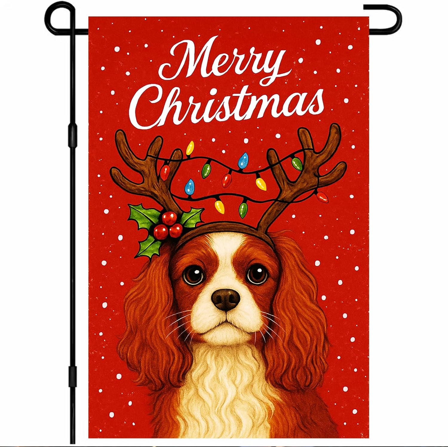 Christmas Garden Flag 12x18 Inch Welcome Cavalier King Charles Spaniel Outdoor Flag Double Sided Holiday Puppy Yard Banner with Antlers and Lights for Porch Lawn Patio