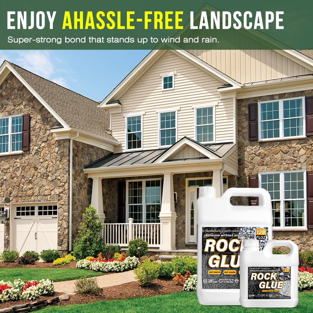 Rock Glue for Landscaping – Outdoor Adhesive for Rocks, Mulch, Gravel, Pebbles & Stone – Waterproof, Heavy Duty, Fast Drying – 2 Gallon (256 oz) – Strong Mulch Anchor & Landscape Glue