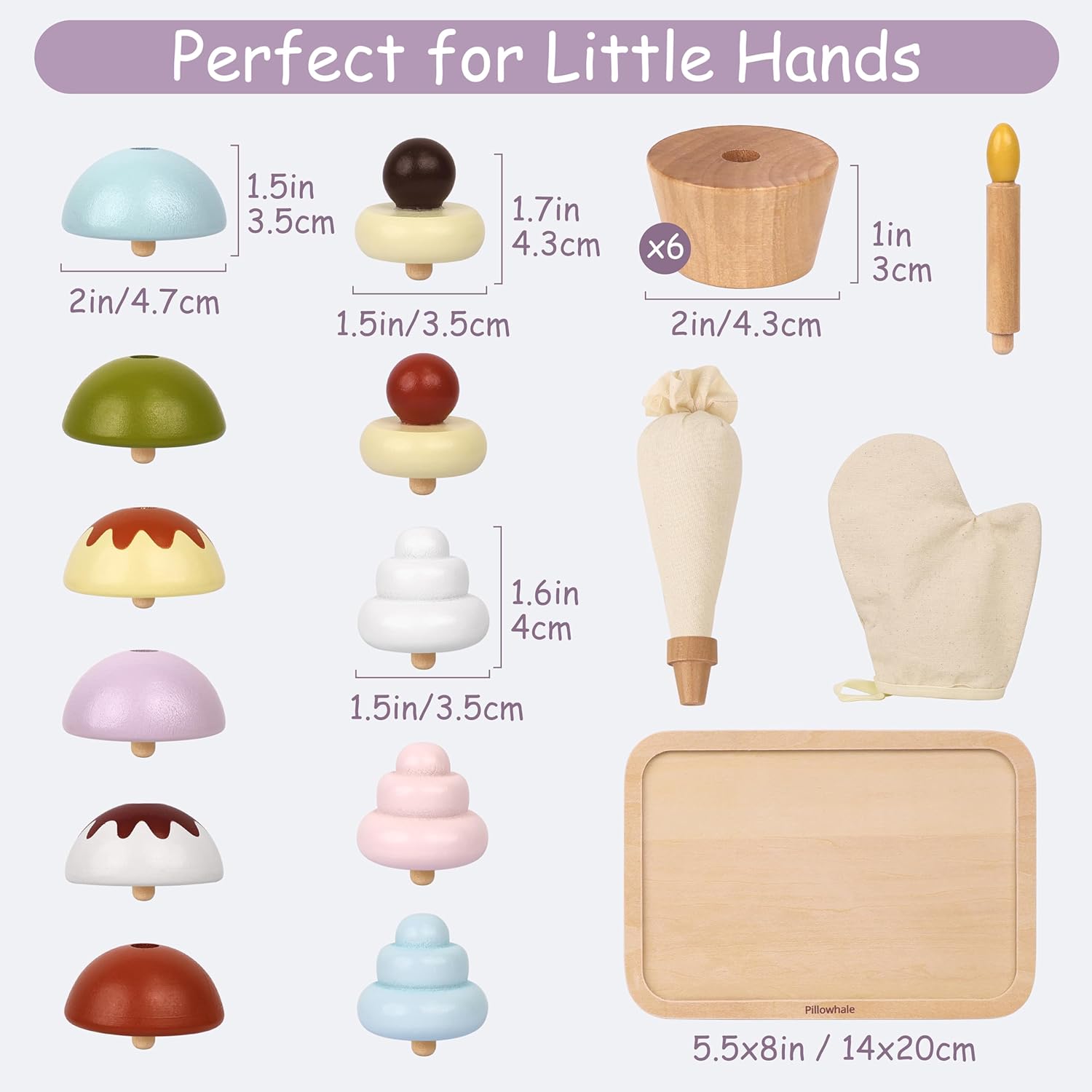 Pillowhale Wooden Cupcake Play Food Set, 21 Pcs Pretend Baking Toys with Interchangeable Toppings & Piping Bag, Montessori Tea Party Set for Toddlers, Birthday Gift for Kids Ages 3+