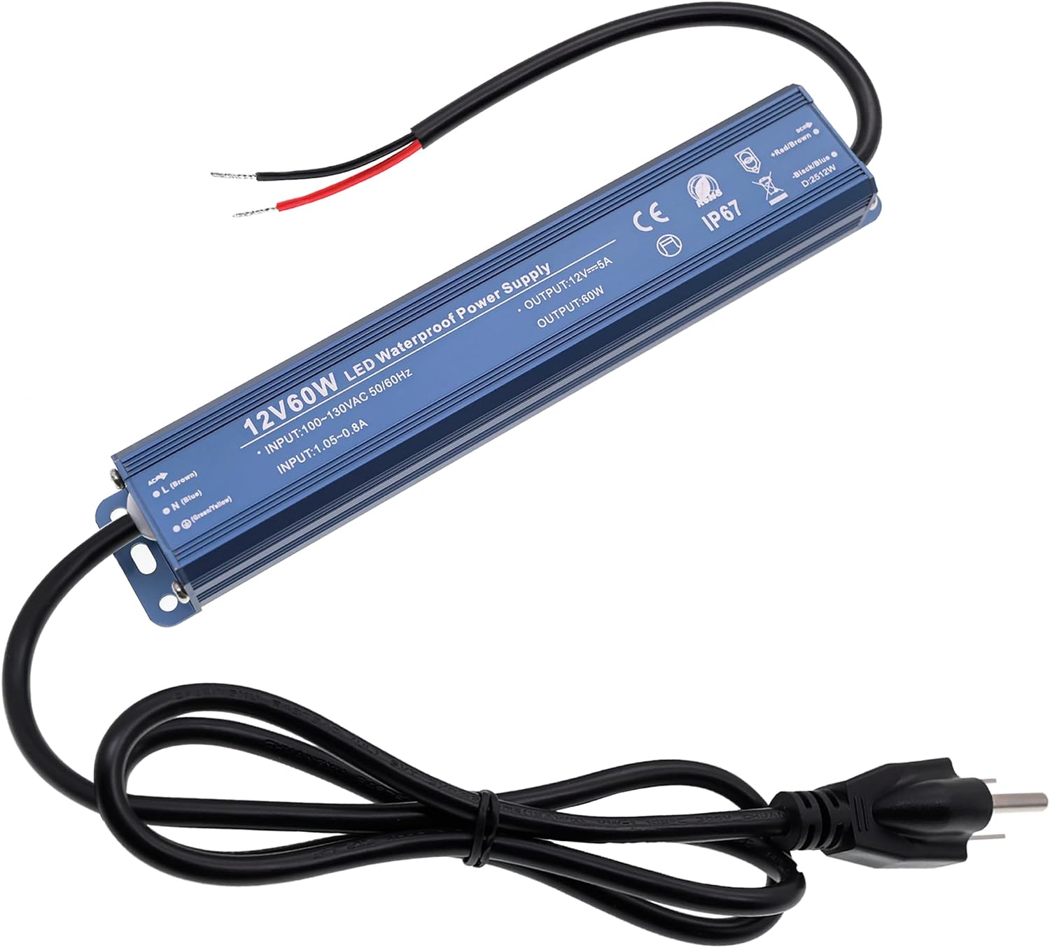 12V 60W LED Power Supply, Waterproof IP67 Constant Voltage Transformer 100-130V AC to 12V DC Converter, with 3.28ft US Standard Plug Cable for DC12V LED Lighting Products and IT Equipments