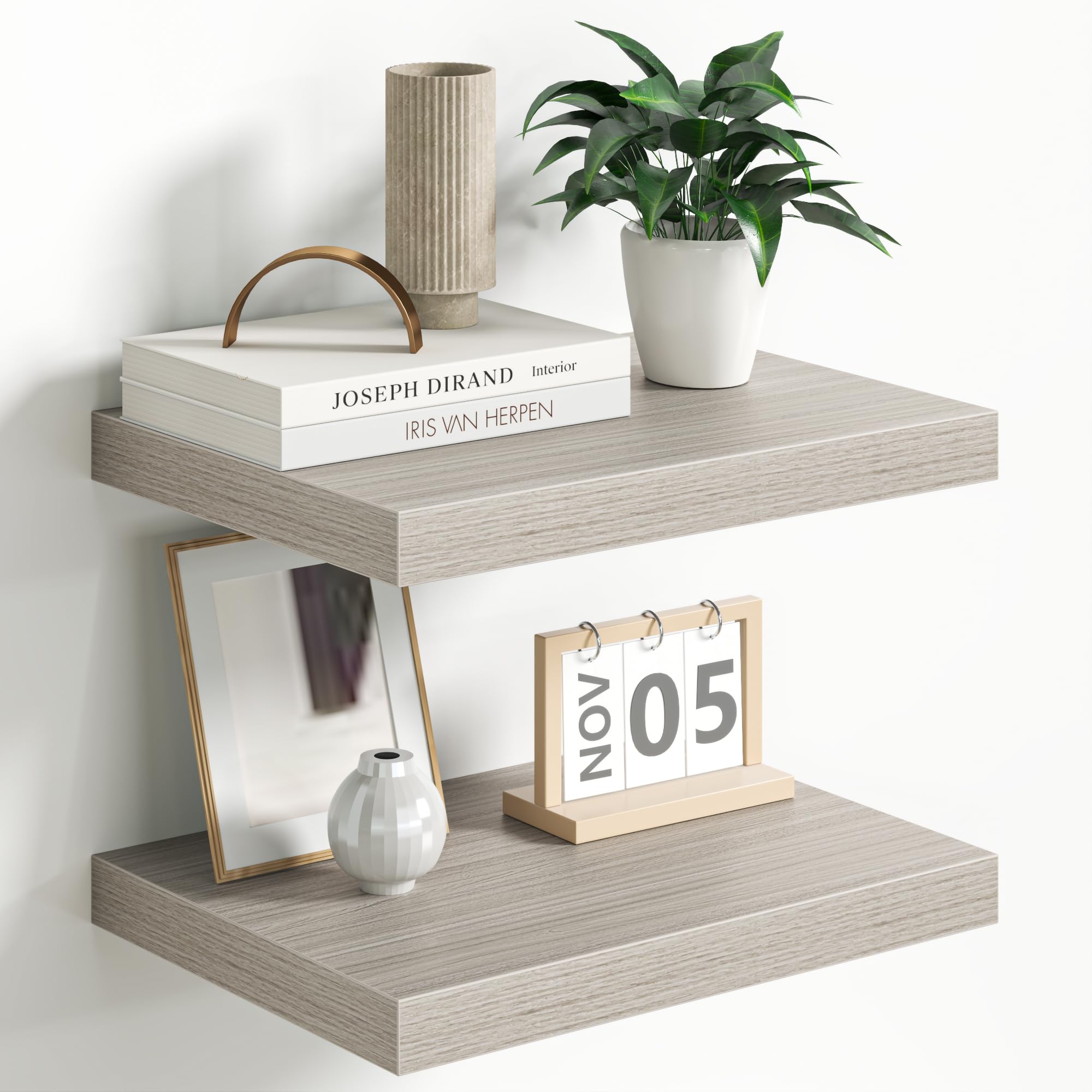 Fun Memories Floating Shelves - 2 Pack 12 Inch Deep Rustic Wooden Wall Shelves - Extra Deeper & Thicker Wall Mounted Storage Shelf for Living Room, Kitchen, Farmhouse - 16" W x 12" D x 1.5" H - Grey — image 1