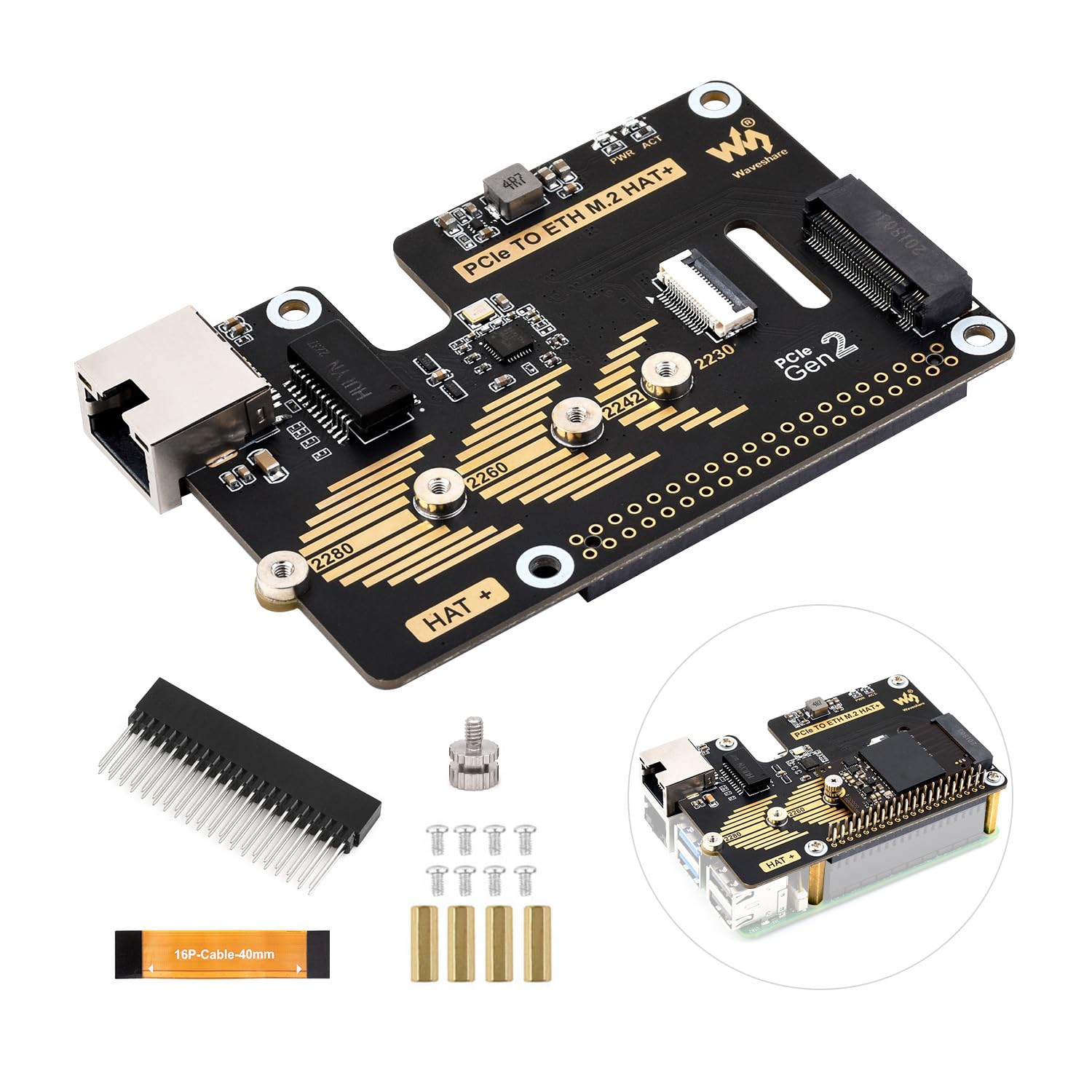 Waveshare PCIe To ETH And M.2 Adapter For Raspberry Pi 5, Plug and Play, Compatible With 2280/2260 / 2242/2230 Size NVMe Protocol M2SSD, 5Gbps Data Rate, High-Speed Reading/Writing, Pi5 NVMe HAT