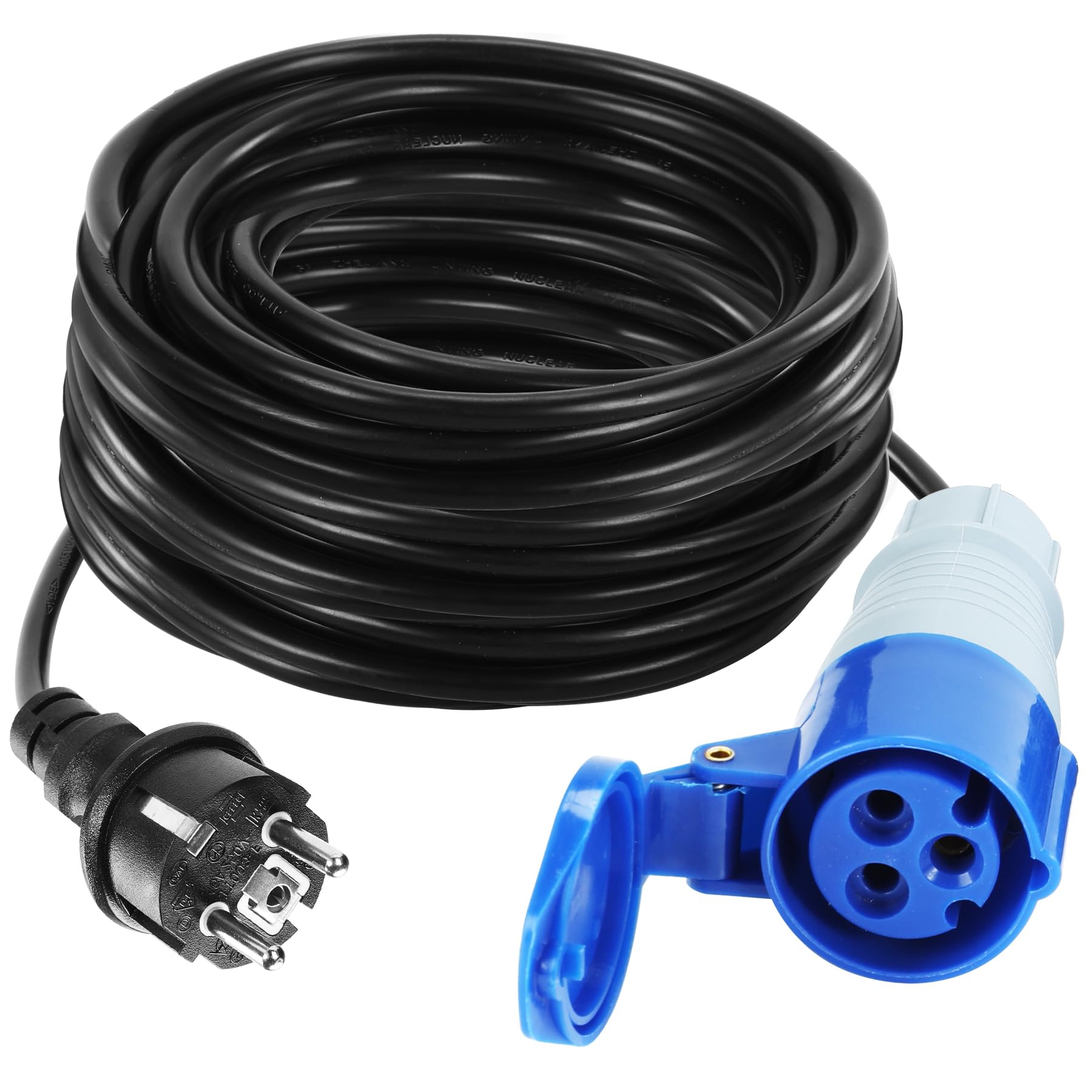 Przewód adaptera CEE, 10 m, adapter CEE, 230 V/16 A, 3-biegunowa wtyczka CEE, kabel IP44 CEE, przedłużacz ze złączem kątowym CEE, złącze Schuko, adapter do wtyczki kempingowej, akcesoria do przyczep