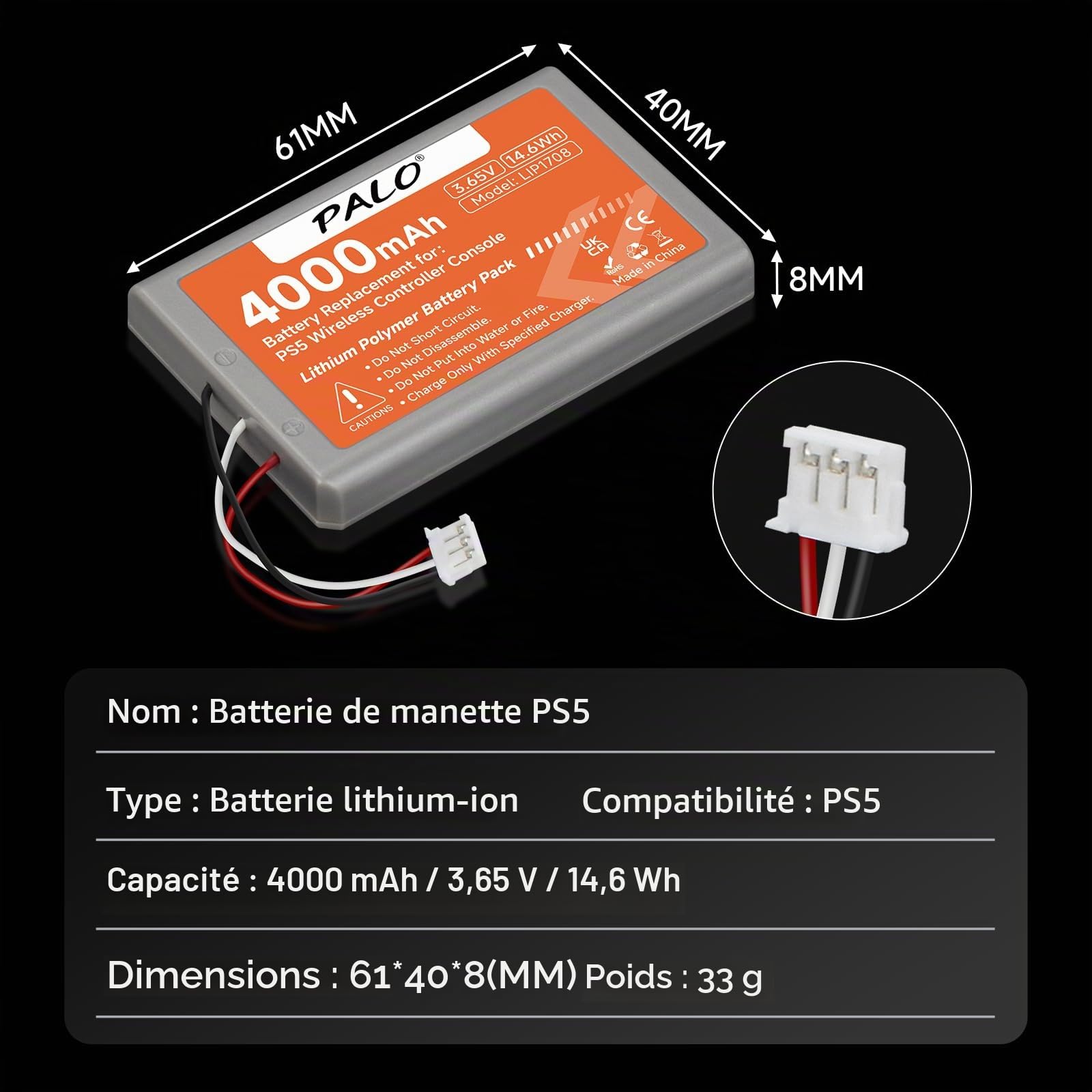 4000mAh PS5 Batterie de Manette - Batterie au Lithium Rechargeable Haute capacité pour LIP1708, PS5 Dual Sense, CFI-ZCT1W, CFI-ZCT1J（3,65 V/14,6 Wh） (2Pcs)