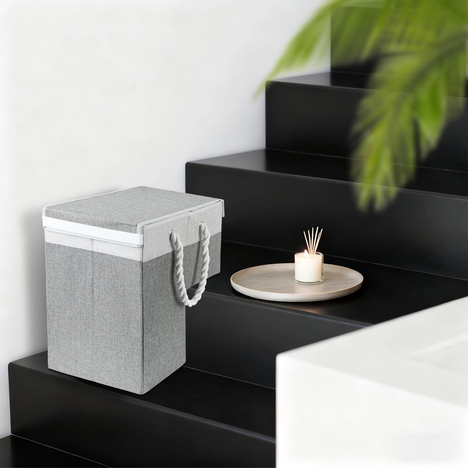 Cesta plegable para escalones, cesta de lino, bandeja para la colada con asa y tapa, bolsa antideslizante para escaleras, cesta para la colada, ahorro de espacio, organizador de fieltro para