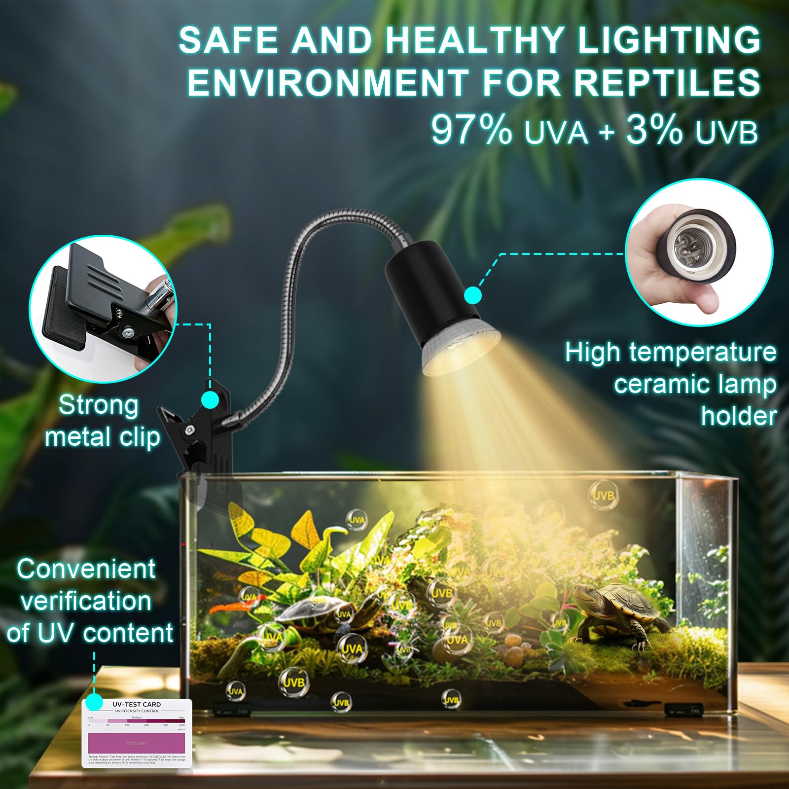 Reptile Heat Lamp Turtle Light - Long Lasting Ceramic Socket Basking Lamp with Auto Timer & Dimmer, 2 E27 Bulbs (25W & 50W) with UVB Support & Test Card for Turtles, Tortoises, Bearded Dragons, Geckos - image 4
