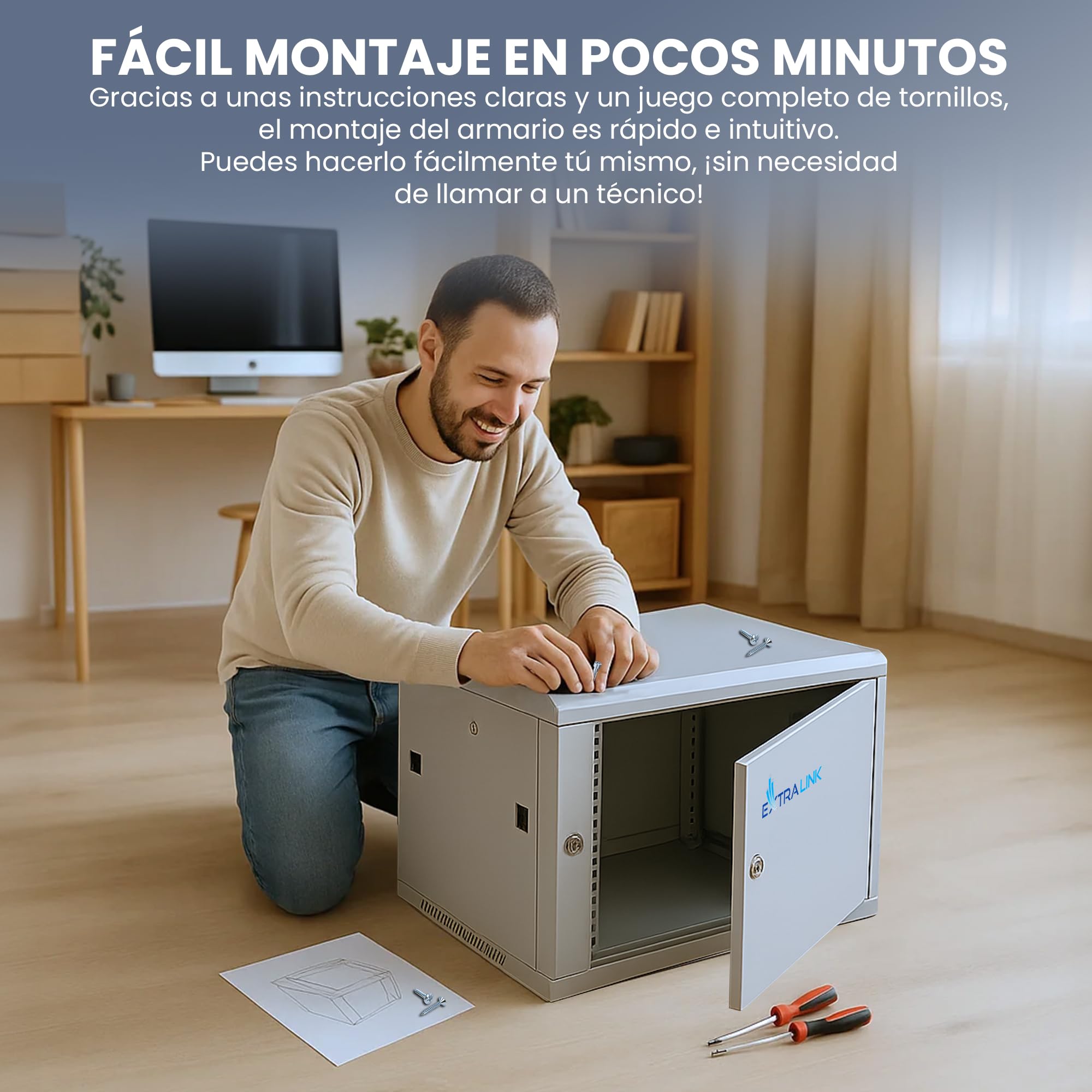 Extralink Armario Rack de 19" 12U - Armario de Red de 600mm, para Montaje en Pared o Suelo, hasta 60 kg, Puerta de Metal, Apertura de 180° Gris - para Red doméstica y Equipos informáticos