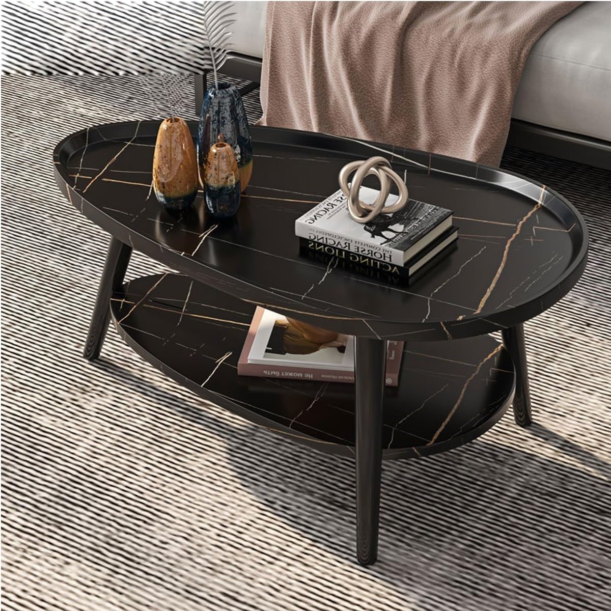 Table basse ovale à 2 niveaux design moderne Mid-Century style rustique pour salon