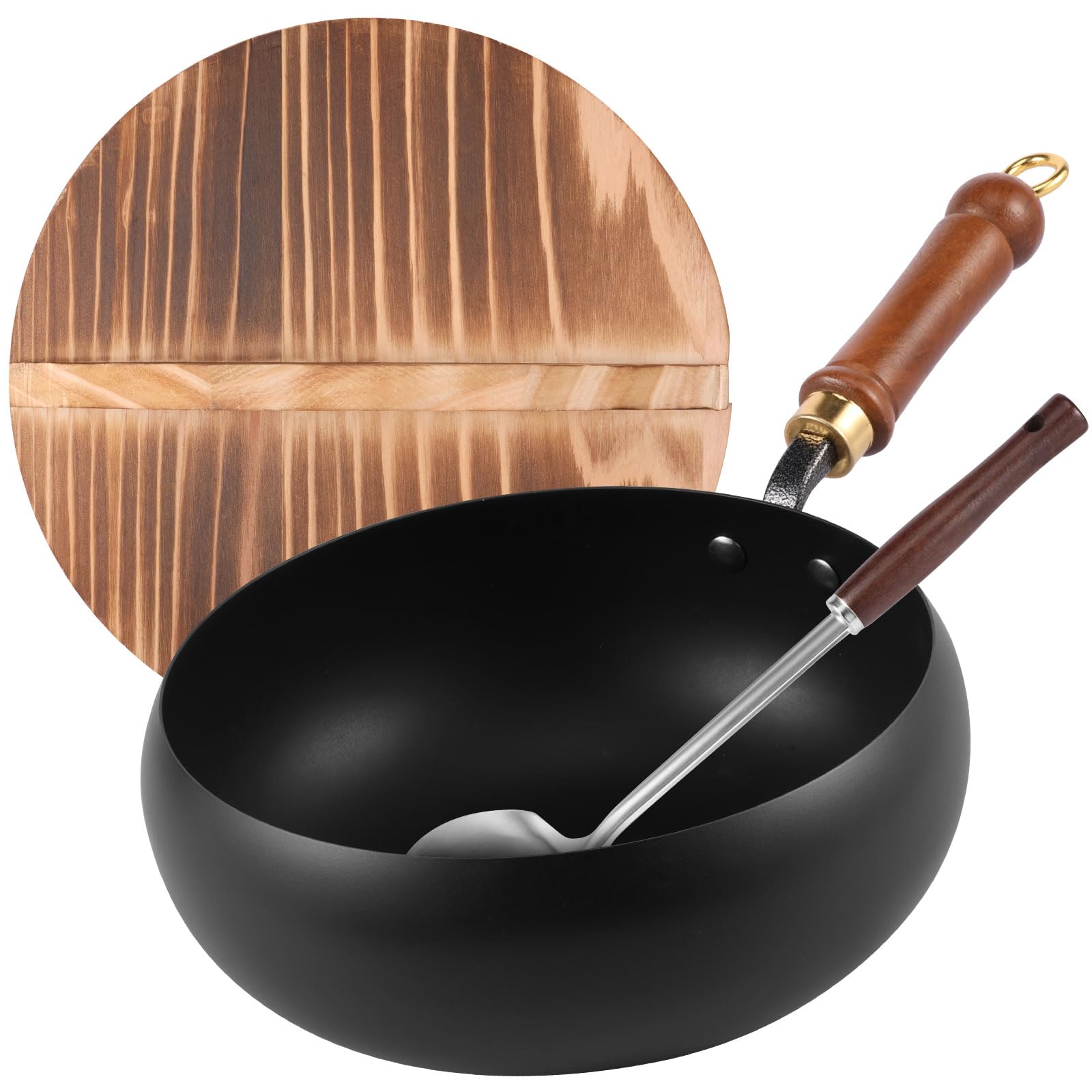 Uncoated Cast Iron Wok 9.5 Inch Japanese Iron Pan with Wooden Lid and Spatula Non Stick Hand-Forged Cast Iron Frying Pan for Restaurant Home Kitchen Induction Gas Stove