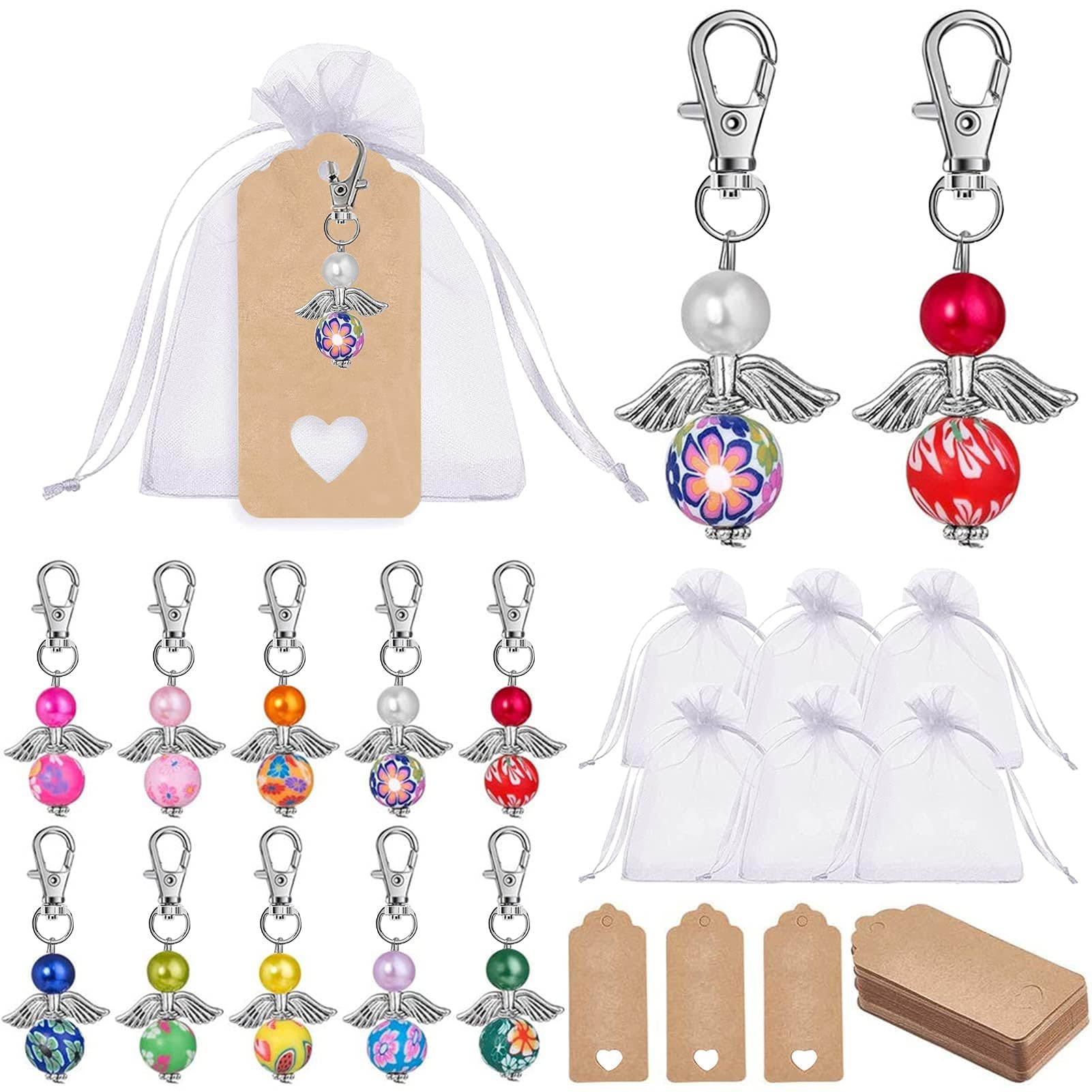 30 set di portachiavi angelo con sacchetti regalo in organza e