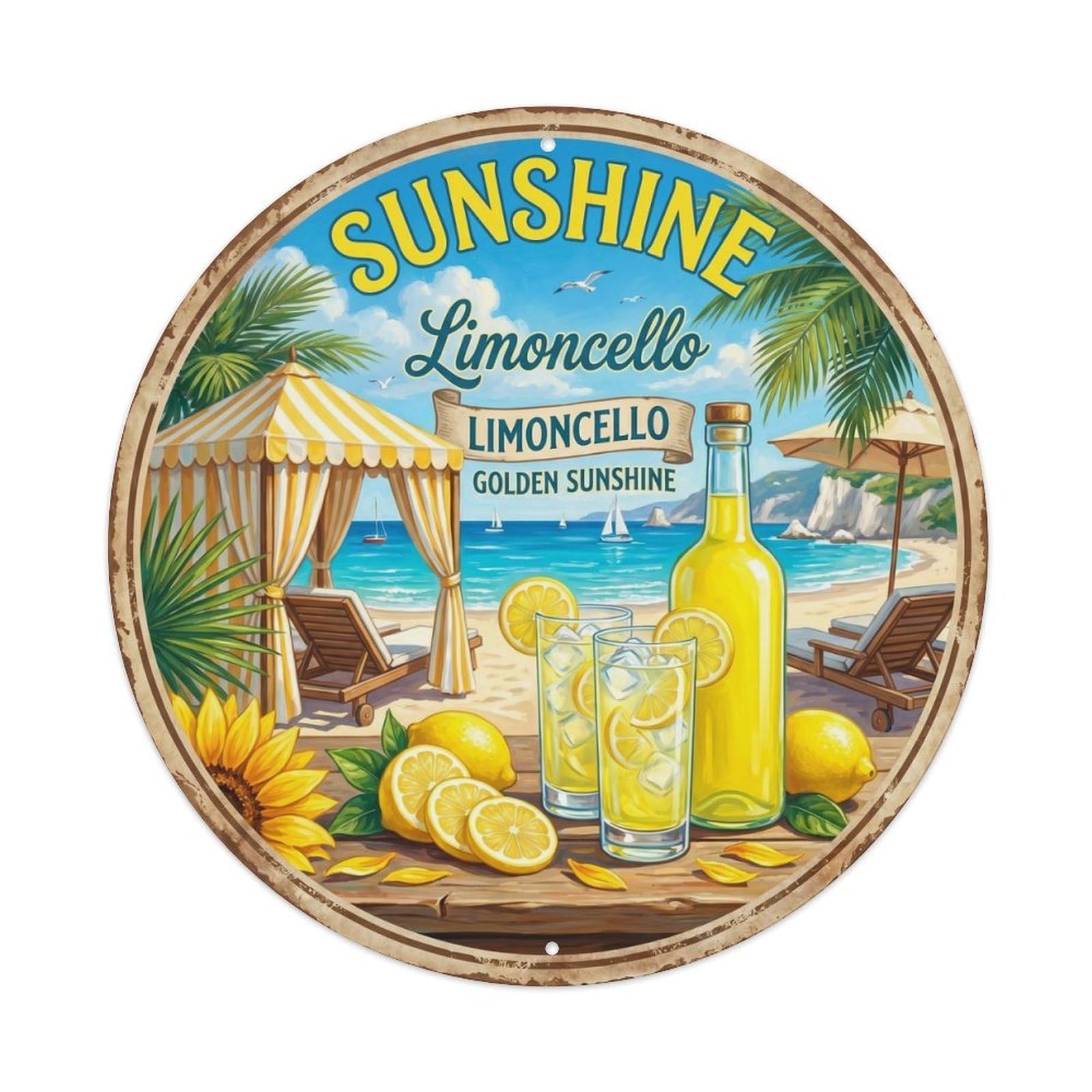 Fqcyn Style Sunshine Limoncello Liqueur Metal Tin Sign Plaque Wall Decor For Cafe, Club Bar, Office, Home Garden Round Metal Poster 8X8inch