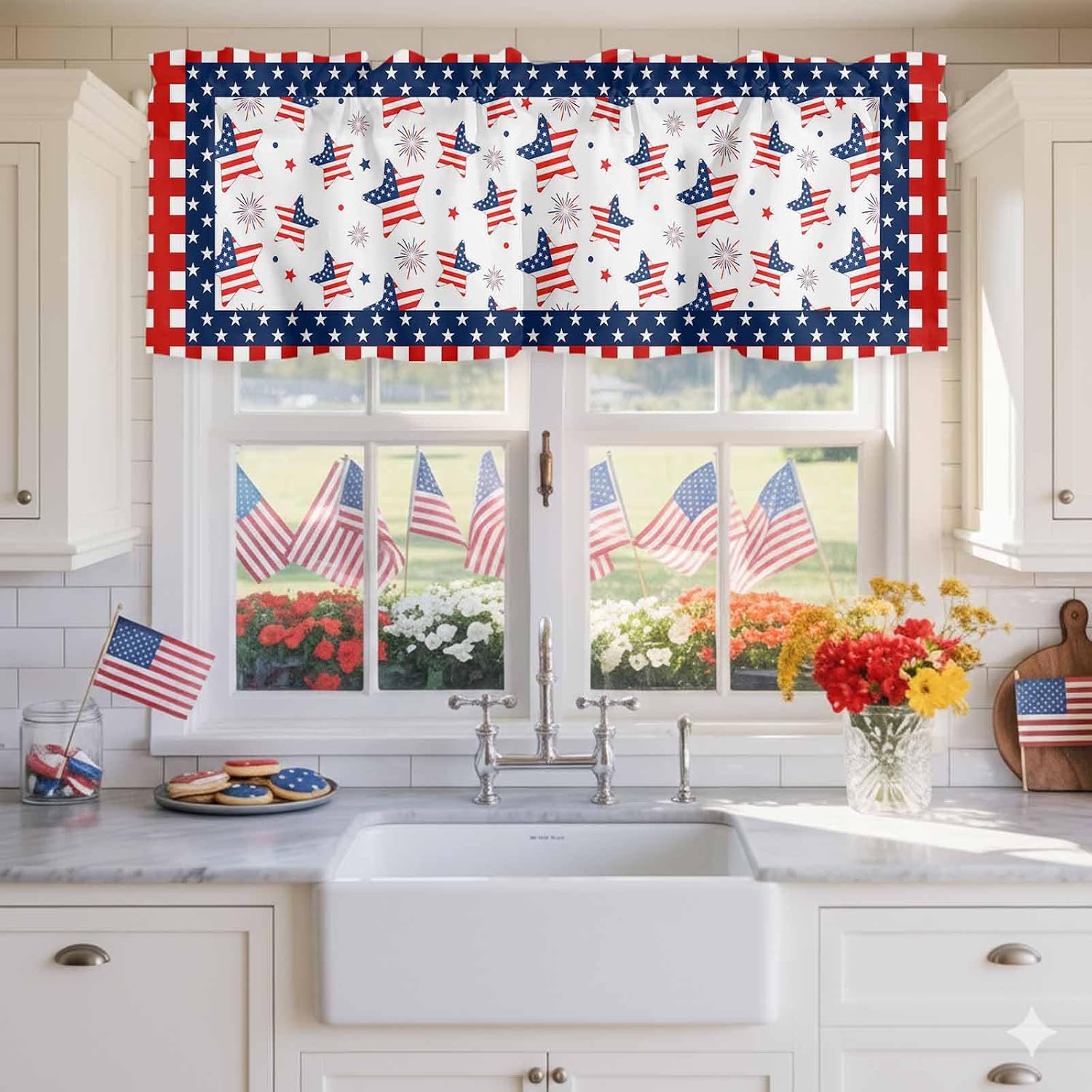 4th of July Kitchen Curtains Valances for Windows Patriotic Stars Stripes Independence Day Rod Pocket Window Treatment for Kitchen /Living Room/Bedroom/ Bathroom, 54" X 18", American Flag Fireworks