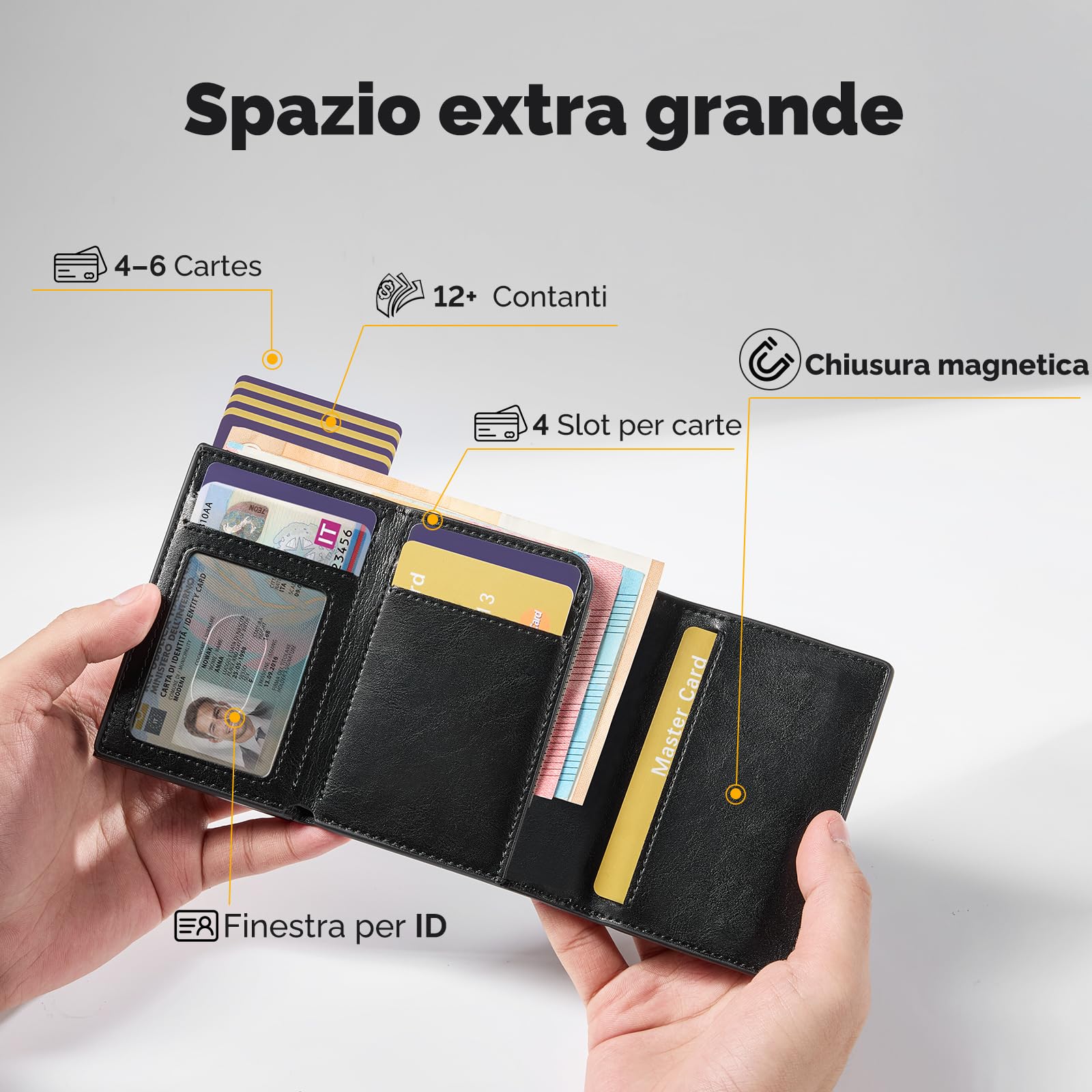 YESIIW Portafoglio Uomo Airtag, Super Compatto e Alta Capacità Pop up Portacarte Uoomo per 12 Cartes Porta Carte di Credito Uomo con S Portamonete, Blocco RFID & Chiusura Magnetica (Nero lucido)