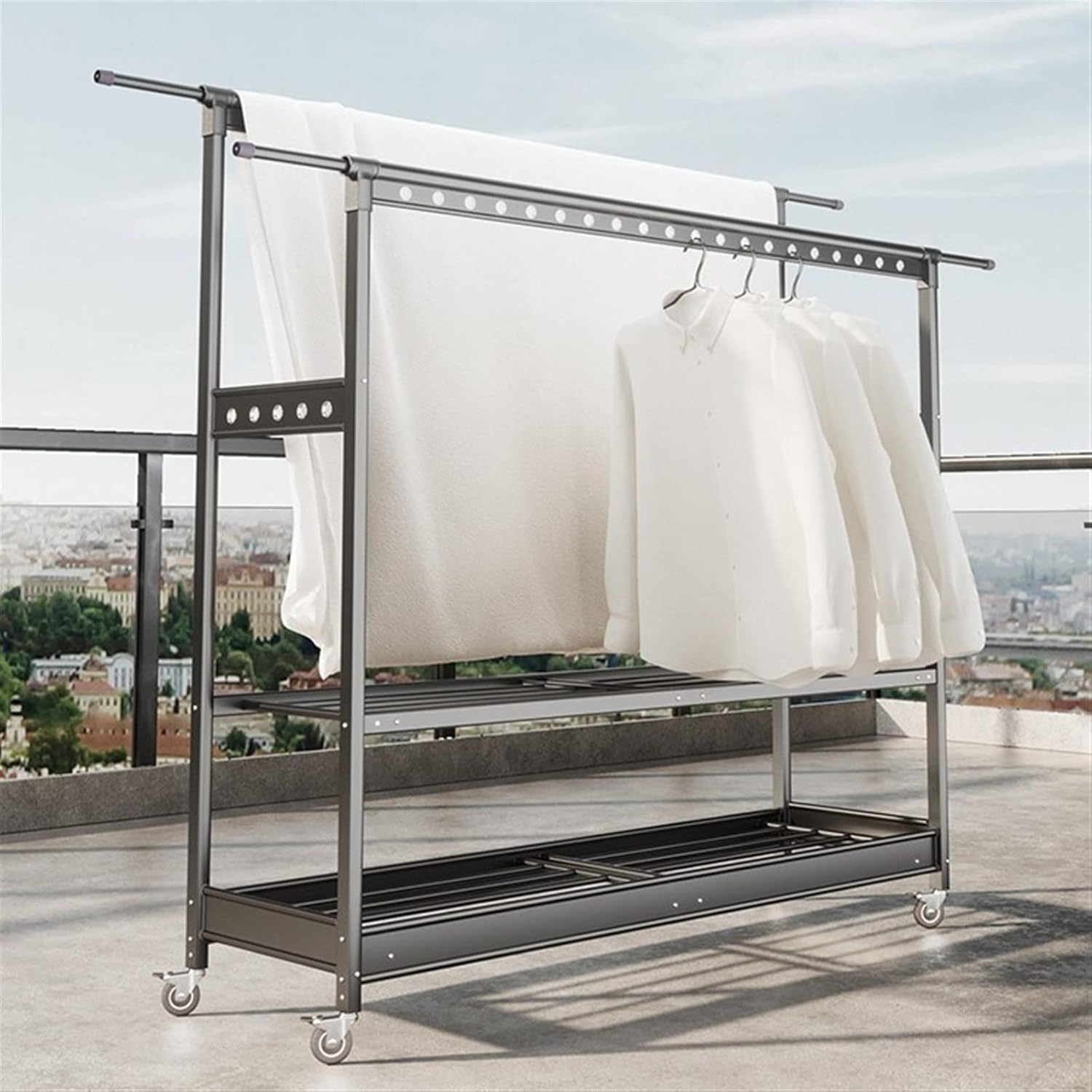 Clothes Drying Rack Removable Rack, Free-Standing Large Capacity Laundry Aluminum Retractable Station with Wheels, Indoor-Outdoor Use Folding,Champagne Double Layer-150cm