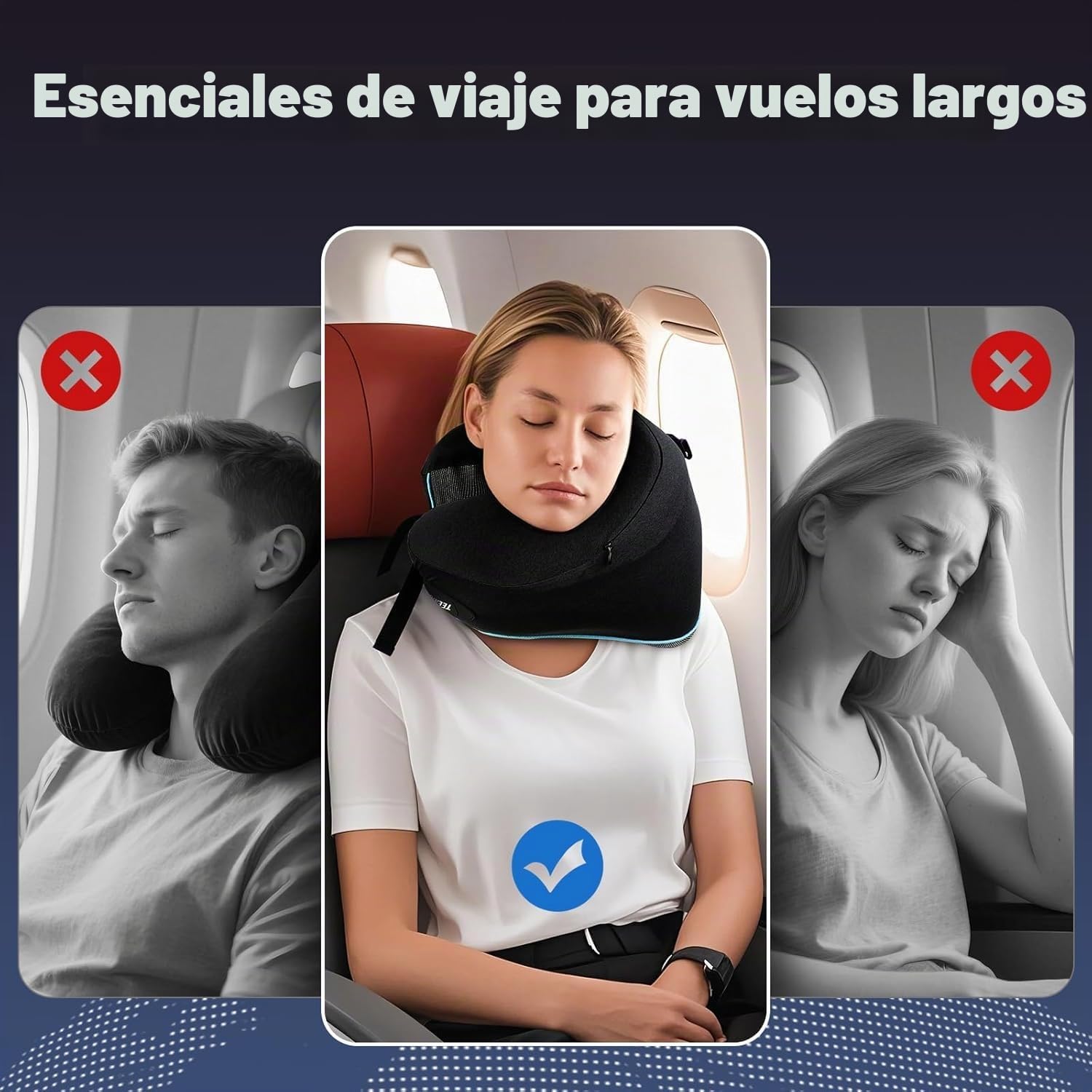 Almohada de Viaje para Cuello- Cojin Cuello Viaje Ajustable con Correas, Incluye Bolsa de Almacenamiento Portátil y Gancho para Colgar -Almohada ViajePerfecta para Avión, Tren, Coche (Negro Estándar)