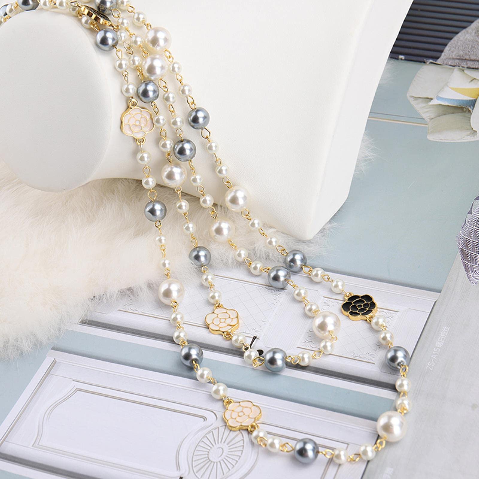 CXWK Long Camellia Pearl Necklace For Women Flower Double Layer