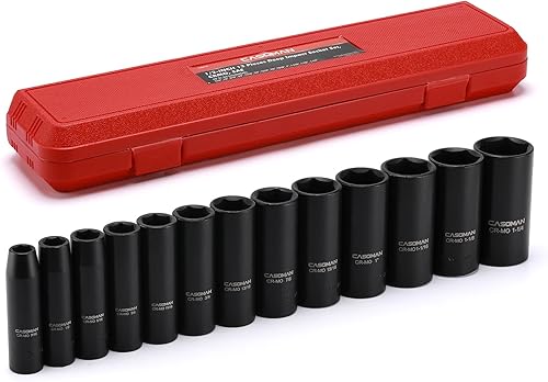 CASOMAN Juego de llaves de impacto profundo de 12 pulgada, juego de 13 piezas, 716"-1-14", CR-MO, SAE, estuche de almacenamiento resistente