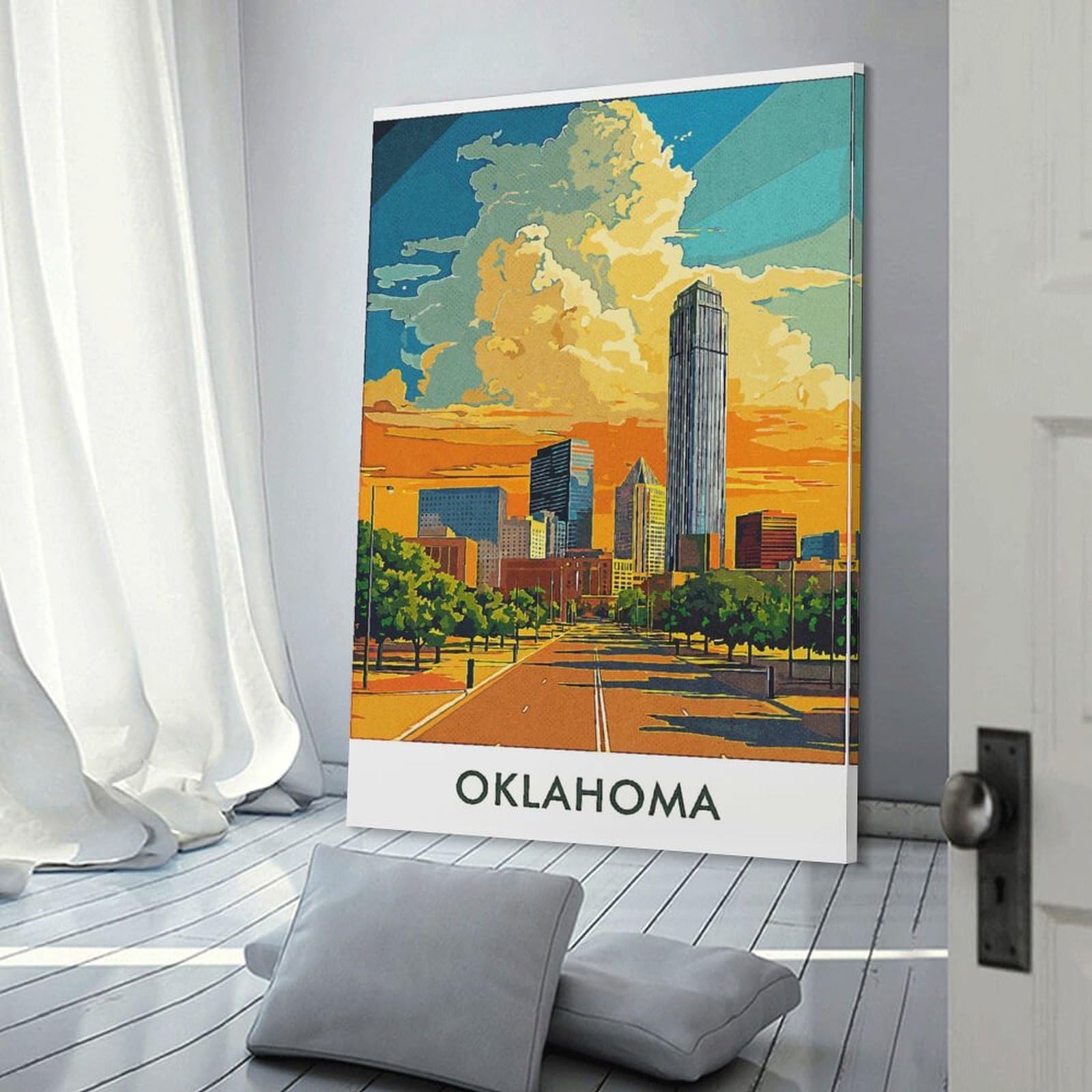 Junmoney Decorative Wall Artwork Oklahoma City Skyline, 24x36inch(60x90cm), for Corridors, Hallways Or Apartment Entries, Wall Decor to Refresh Empty Corners