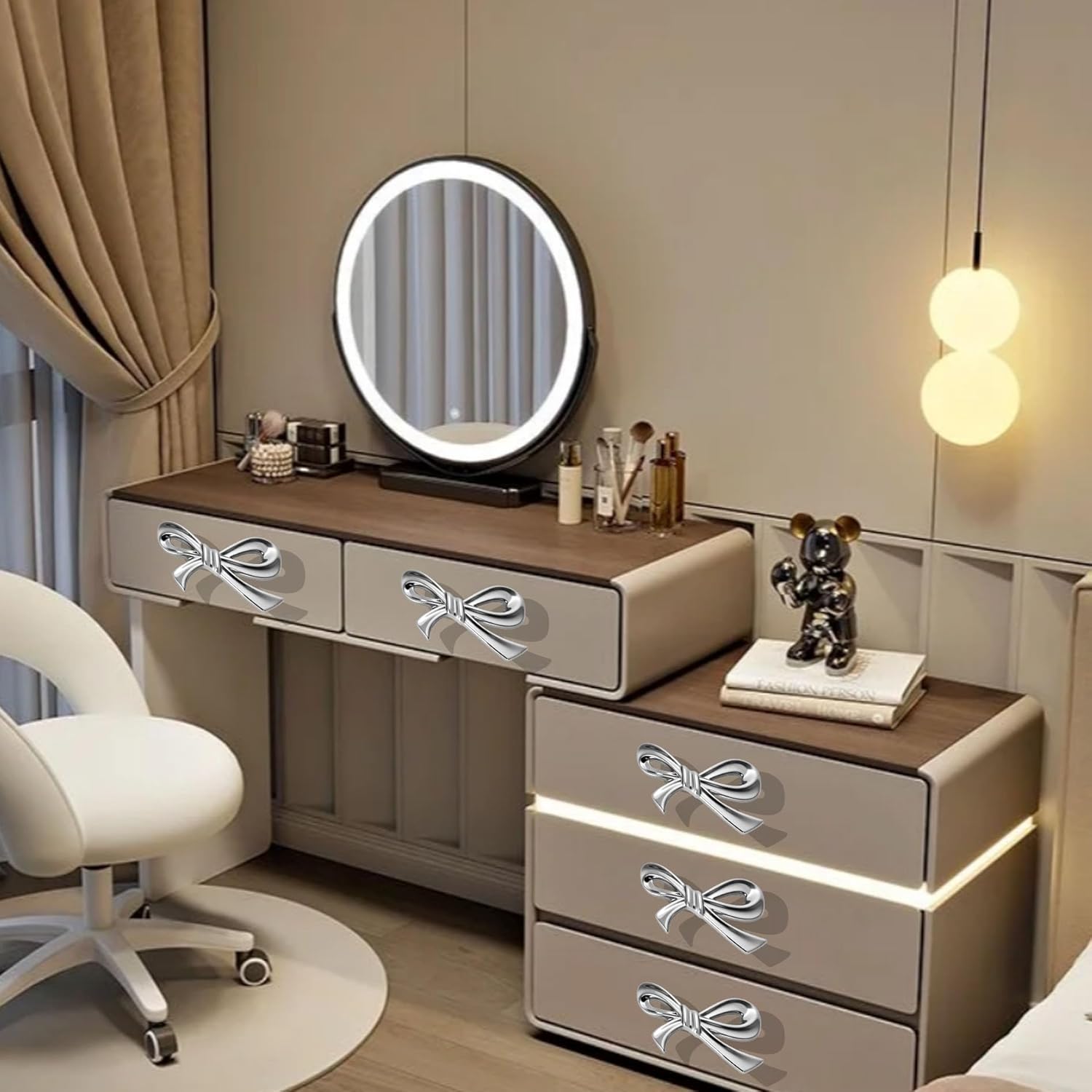 4 Pcs Vintage Bow-Shaped Dresser Knobs Solid zinc Alloy Silver Decorative Drawer Pull Handles for Girls Bedroom Nursery Room Desk Wardrobe TV Cabinet & Bookcase (Silver-4)