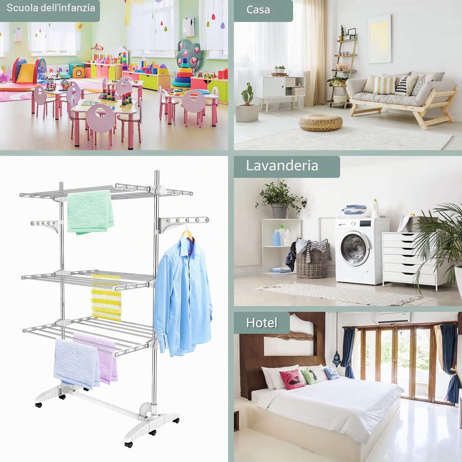 Todeco Estante para Secado de Ropa, Tendederos Plegables 3 Niveles, Blanco | Tenderetes de Ropa con 6 Ruedas, 2 Alas, Estantes de Secado de Acero Inoxidable para Interior Exterior