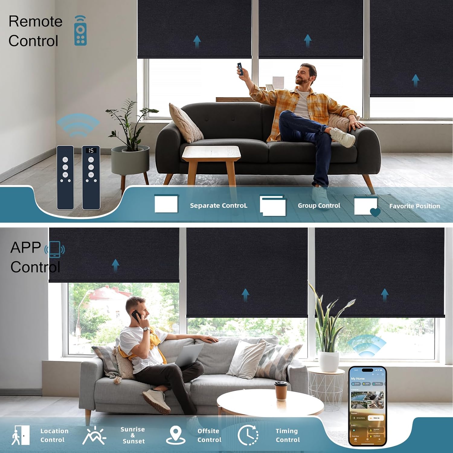 Image showing remote control and app control options for motorized shades