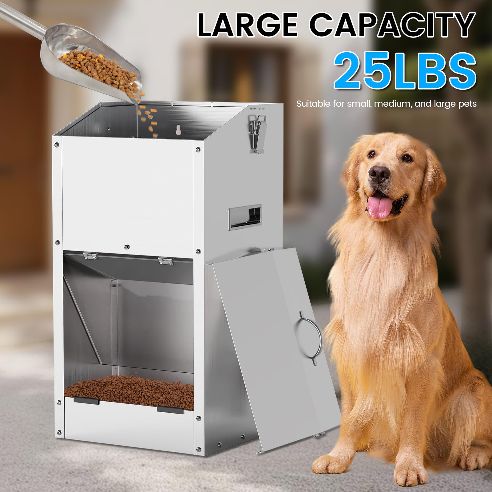 Alimentador Automático De Perros De 20L, Gran Capacidad, De Acero Inoxidable, para Exteriores, Dispensador De Comida para Perros por Gravedad,Comedero De Alimentación Automática para Grandes