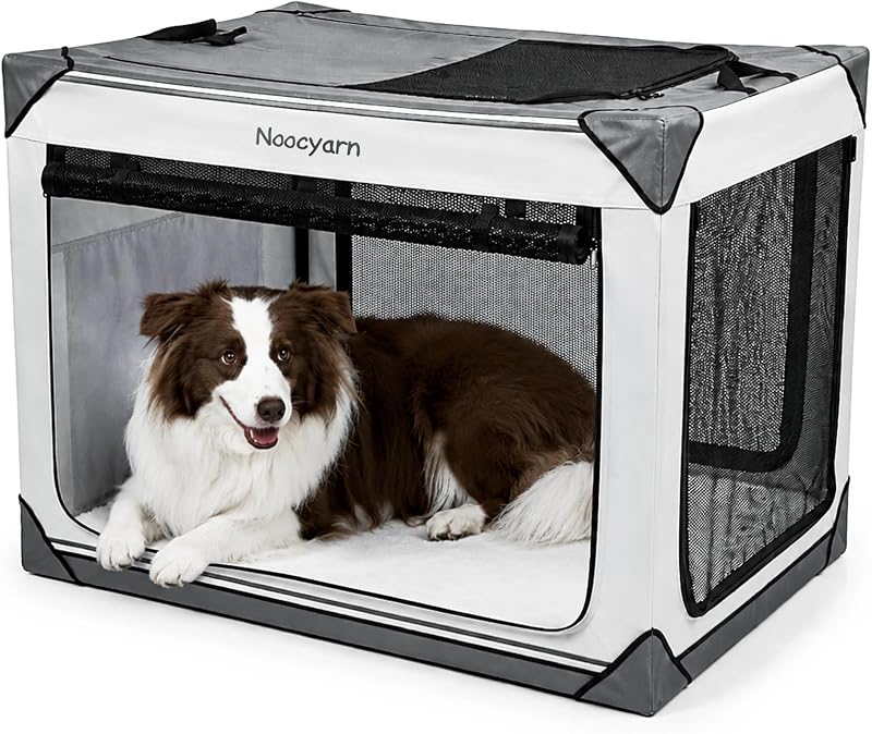 Jaula para perros plegable y suave de 36 pulgadas, jaula portátil de viaje para perros grandes con malla de 4 puertas, caseta para perros grande para interiores y exteriores, gris claro