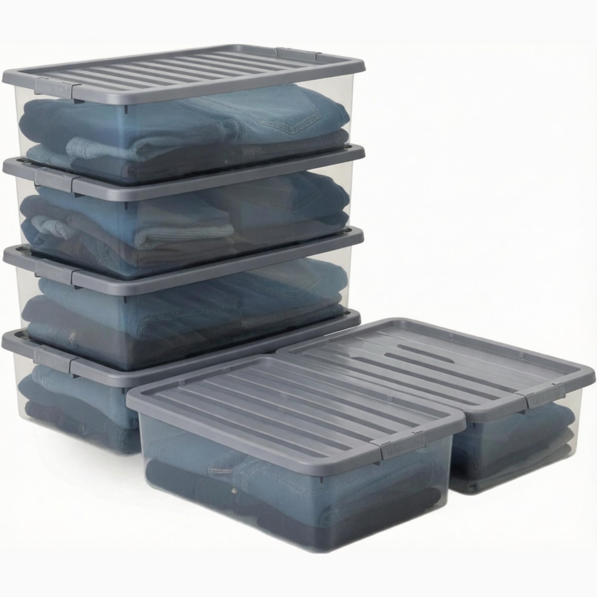 6x 32L Clear Underbed Storage Box with Grey Clip-On Lid β Slim Plastic Storage Container, Space-Saving Multipurpose Stackable & Nestable Organisers for Clothes, Bedding, Shoes, Toys & Household Items