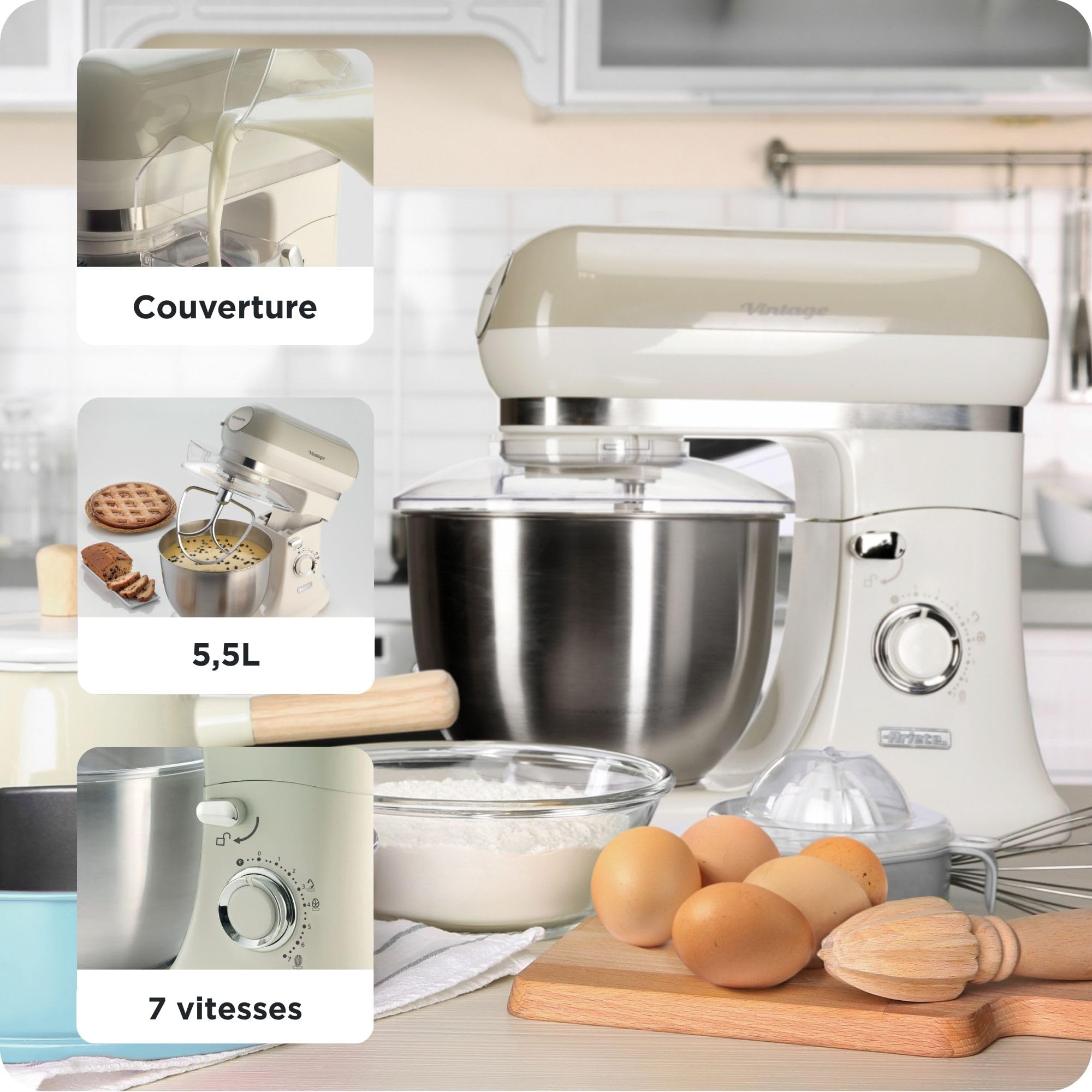 Ariete Pétrin Vintage 1588, Batteur Circulaire Pour Pain, Pizza, Gâteaux Et Pâtisseries, Hob, Fouet à Cœur Et Fouet à Fil Inclus, Capacité de 5,5 Litres, 7 Vitesses + Impulsion, 1200W, Beige