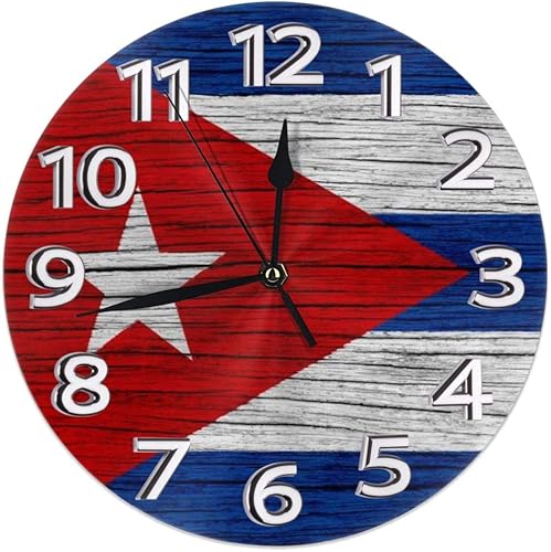 Textura de madera bandera cubana pared decorativa redonda retro vintage silenciosa relojes de pared no tictac para cocina sala de estar baño