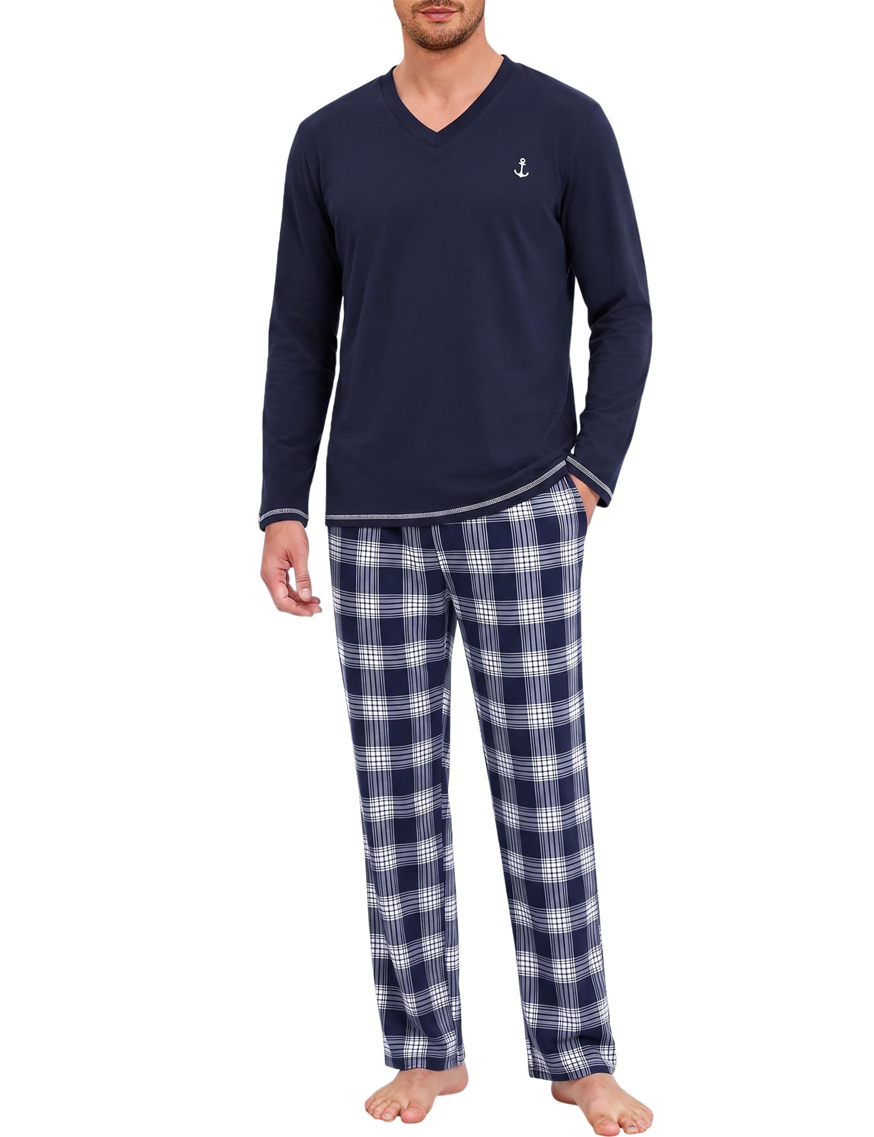 Marvmys Pijamas Hombre Invierno Largo Conjunto Algodón Cuello en V Manga Larga Tops Pijama Pantalones con Bolsillo