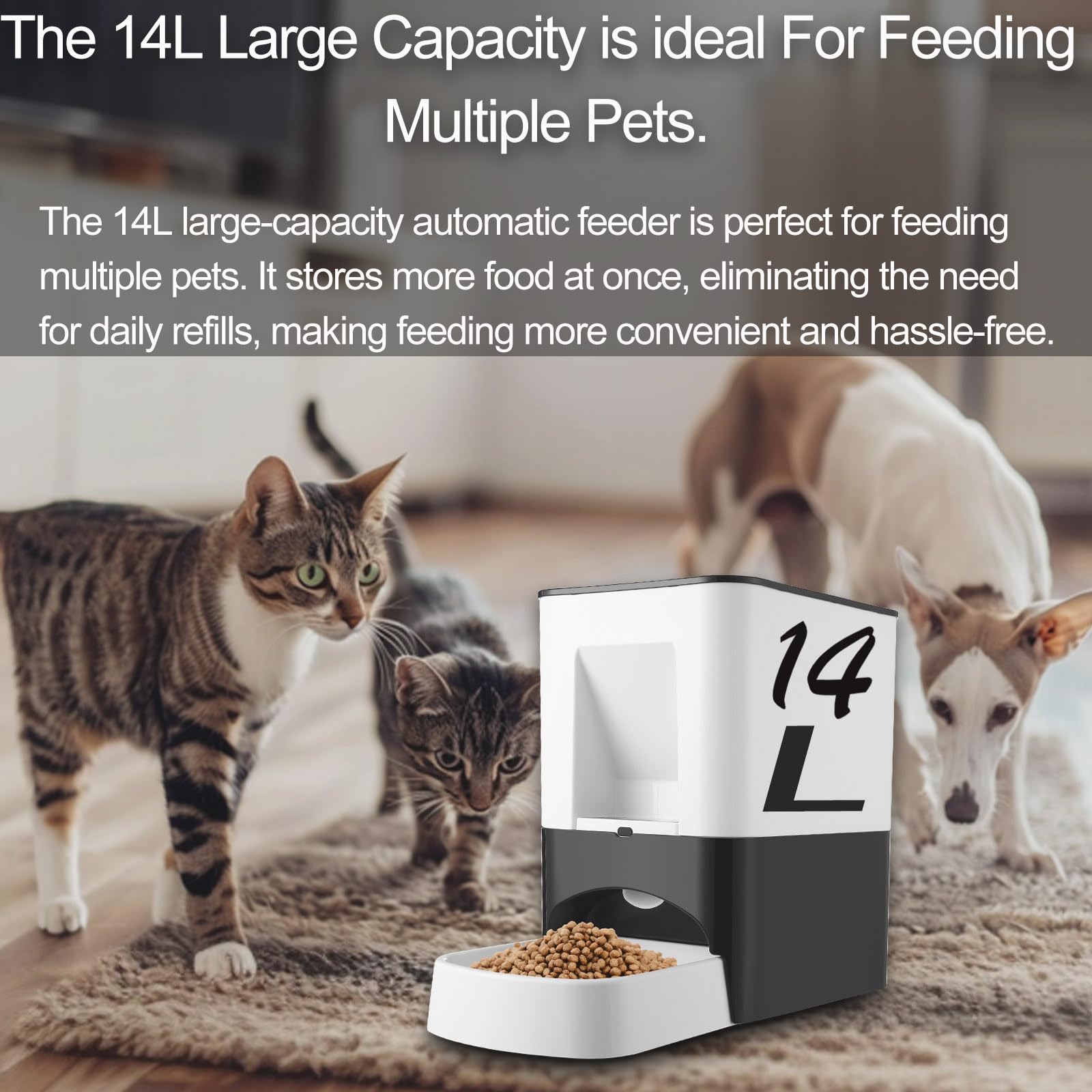 Comedero automático grande de 14 litros para razas grandes, dispensador de comida para mascotas con tapa de bloqueo, grabación de voz, doble potencia, almacenamiento a prueba de humedad