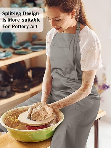 Miniatura 2 de 2 delantales de cerámica ajustables de pierna dividida con 3 bolsillos, suministros de cerámica para adultos amantes de la cerámica (caqui, gris)