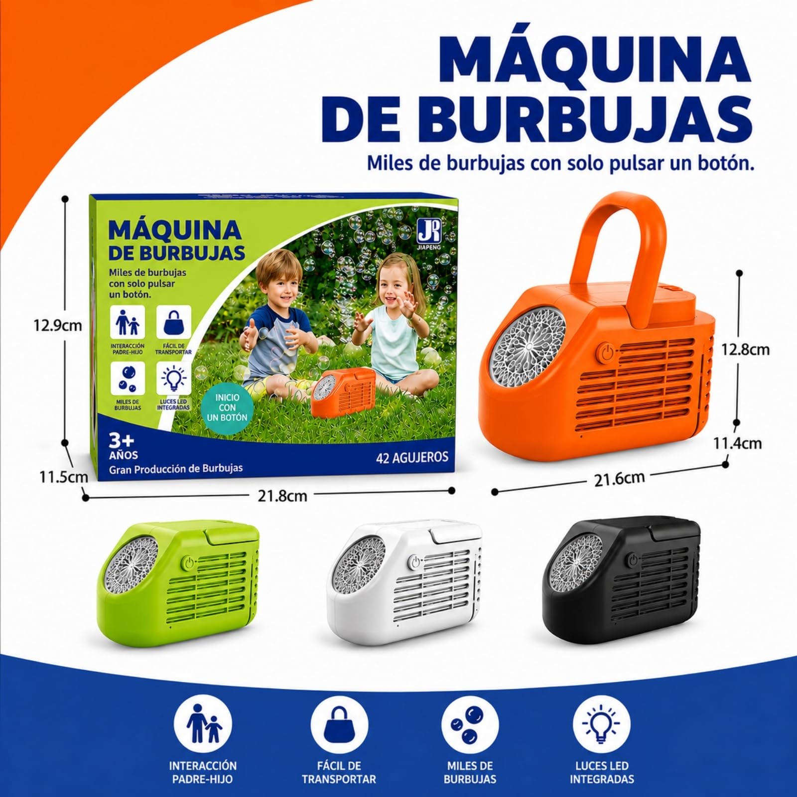 Máquina de Burbujas de Escenario Portátil de 42 Orificios, Soplador Automático Recargable por USB con Luces LED, para Niños, Cumpleaños, Fiestas, Jardín, Exterior y Celebraciones (Naranja)