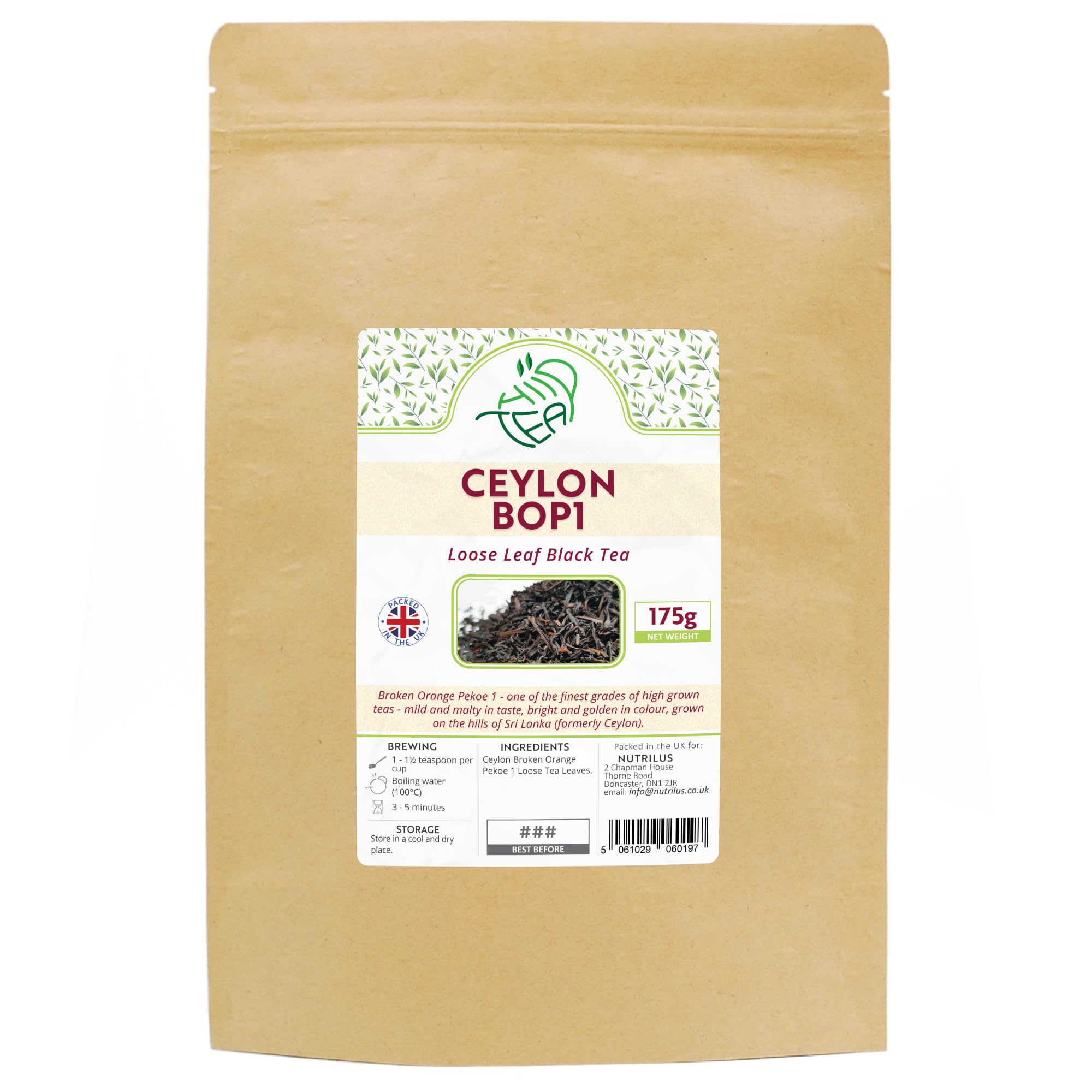 Ceylon BOP1 Premium Black Loose Leaf Tea Broken Orange Pekoe 1 (Ceylon BOP1, 175g)