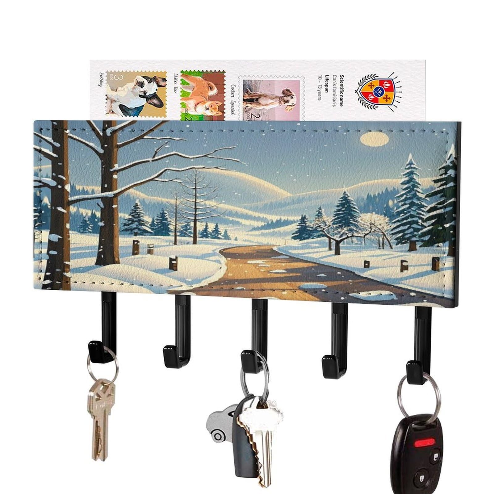 Fekiloot Black-Style Winter Landscape Key Holder Wall Mount Key And Mail Holder Key Hanger With 5 Hooks Decorative Pu Key Rack Hanging Key Hooks For Wall Living Room Kitchen Bathroom Hallway