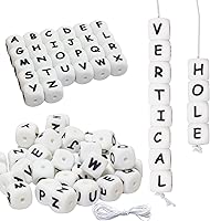 104PCS Silicone Letter Beads Vertical Hole 12mm A-Z Square Extra Vowels Even Smooth Accurate for Pens Lanyards Alphabet Silicone Beads for Keychains Making White Focals for Pens New